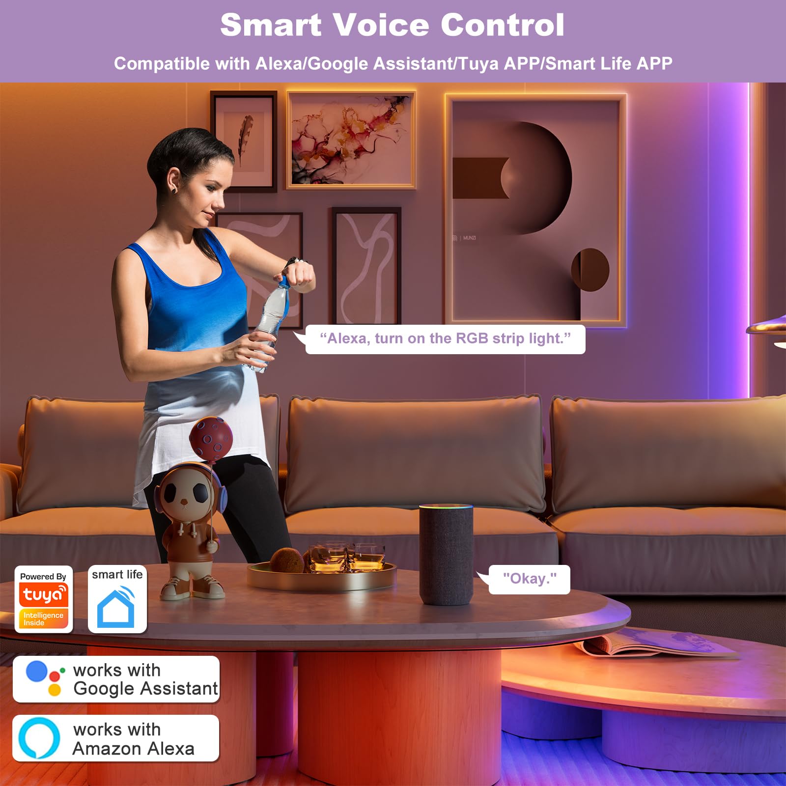 Miwise Rgb Cob Led Strip Light 9.84Ft/3M,Color Changing Dimmable Strip Light Dc24V,Compatible With Alexa/Google Assistant/Tuya M