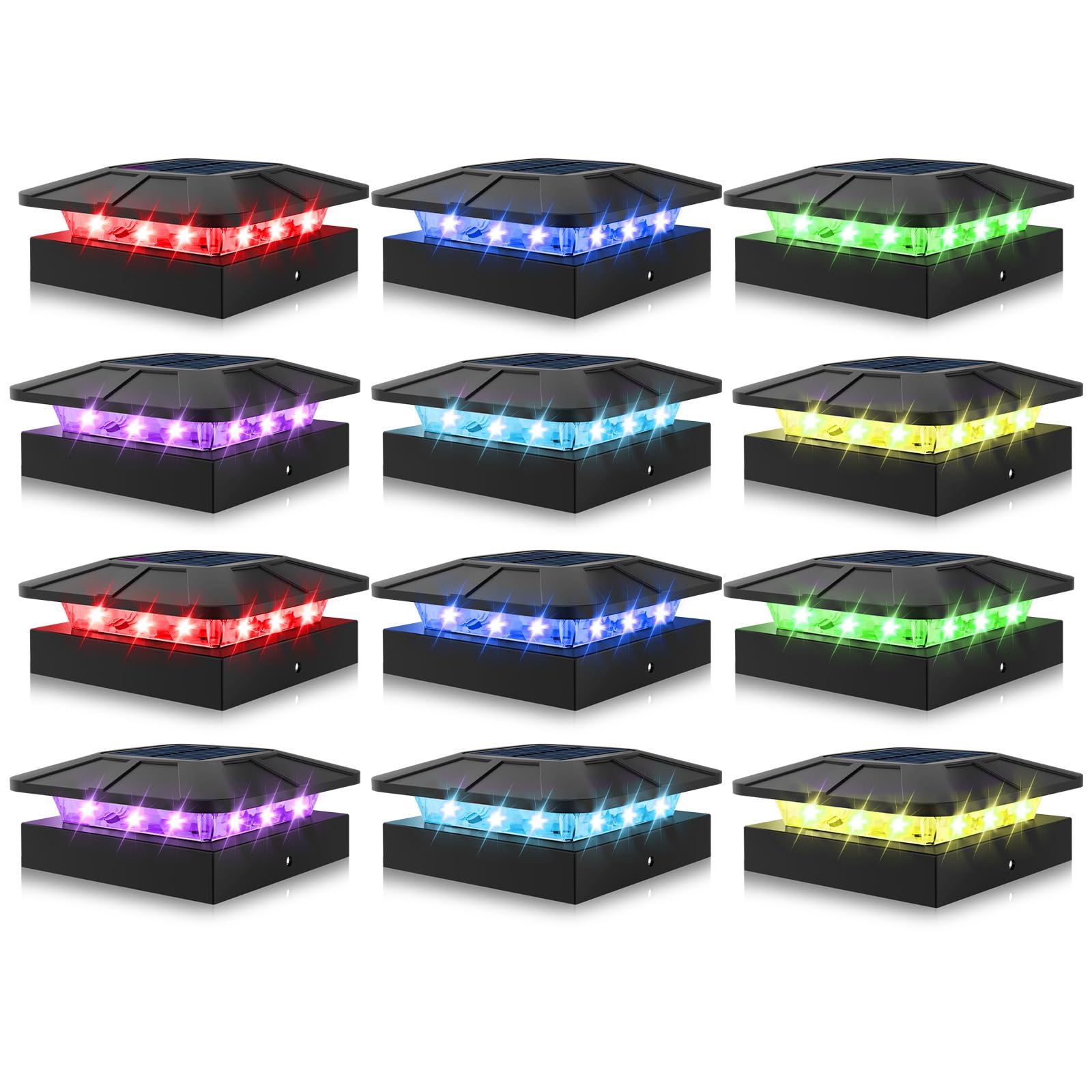 Peasur 4X4 Solar Post Cap Lights Outdoor Rgb Color Changing  12 Pack Led Post Top Light Solar Powered Waterproof  Wood/Vinyl Posts Lighting For Outside Fence Deck Porch Yard Railing Mailbox