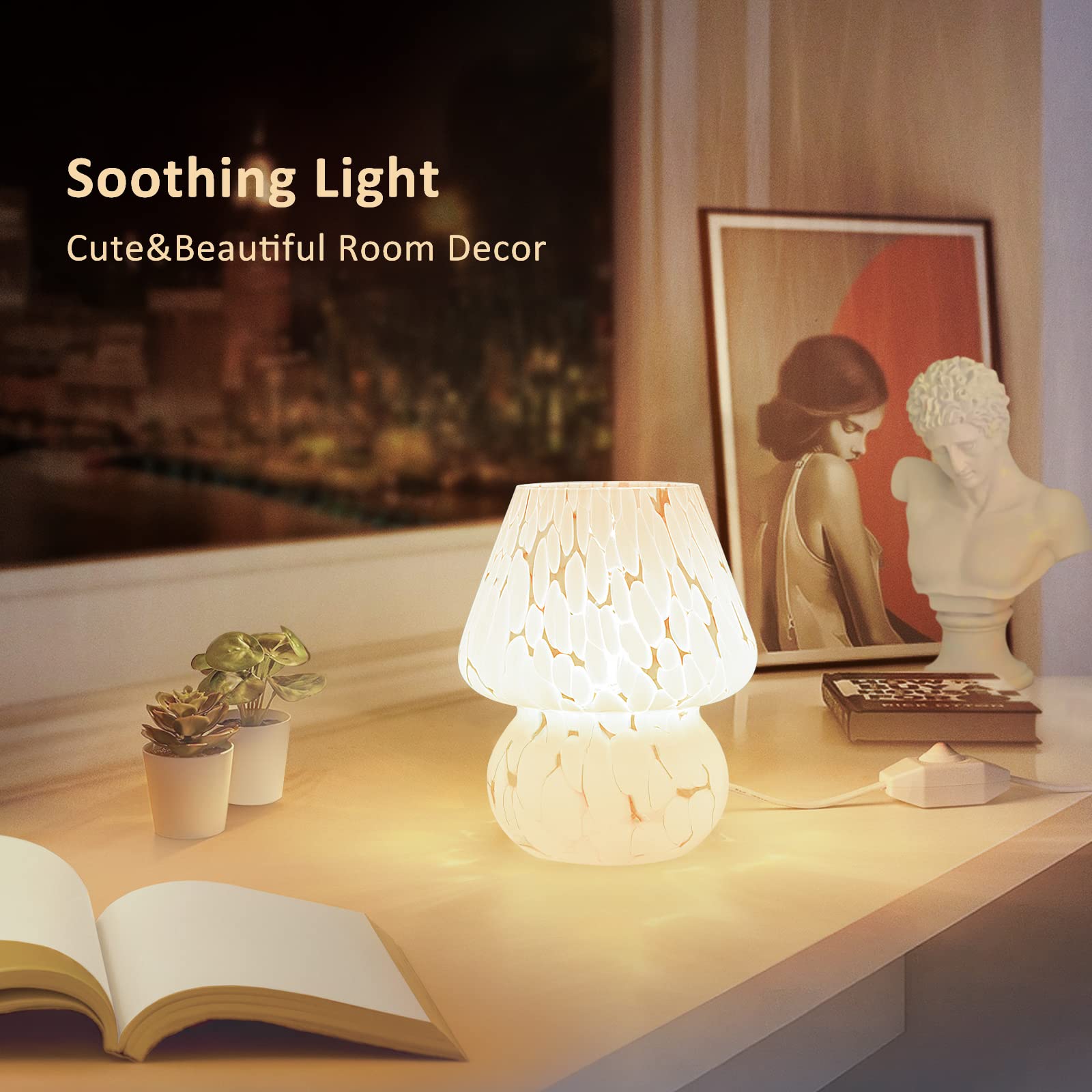 Onewish Cute Mushroom Lamp Small Bedside Table Lamp Set Of 2 Stepless Dimmable, Translucent Glass White Nightstand Lamp For Bedr