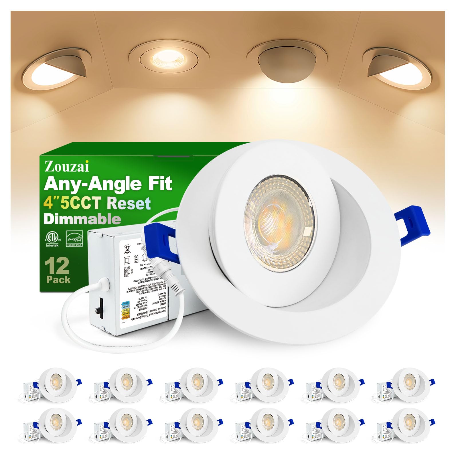 zouzai 12 Pack 4 inch 5CCT LED Gimbal Led Recessed Light with Junction Box, 360+90 Adjustable Directional Eyeball Lighting, Dimm