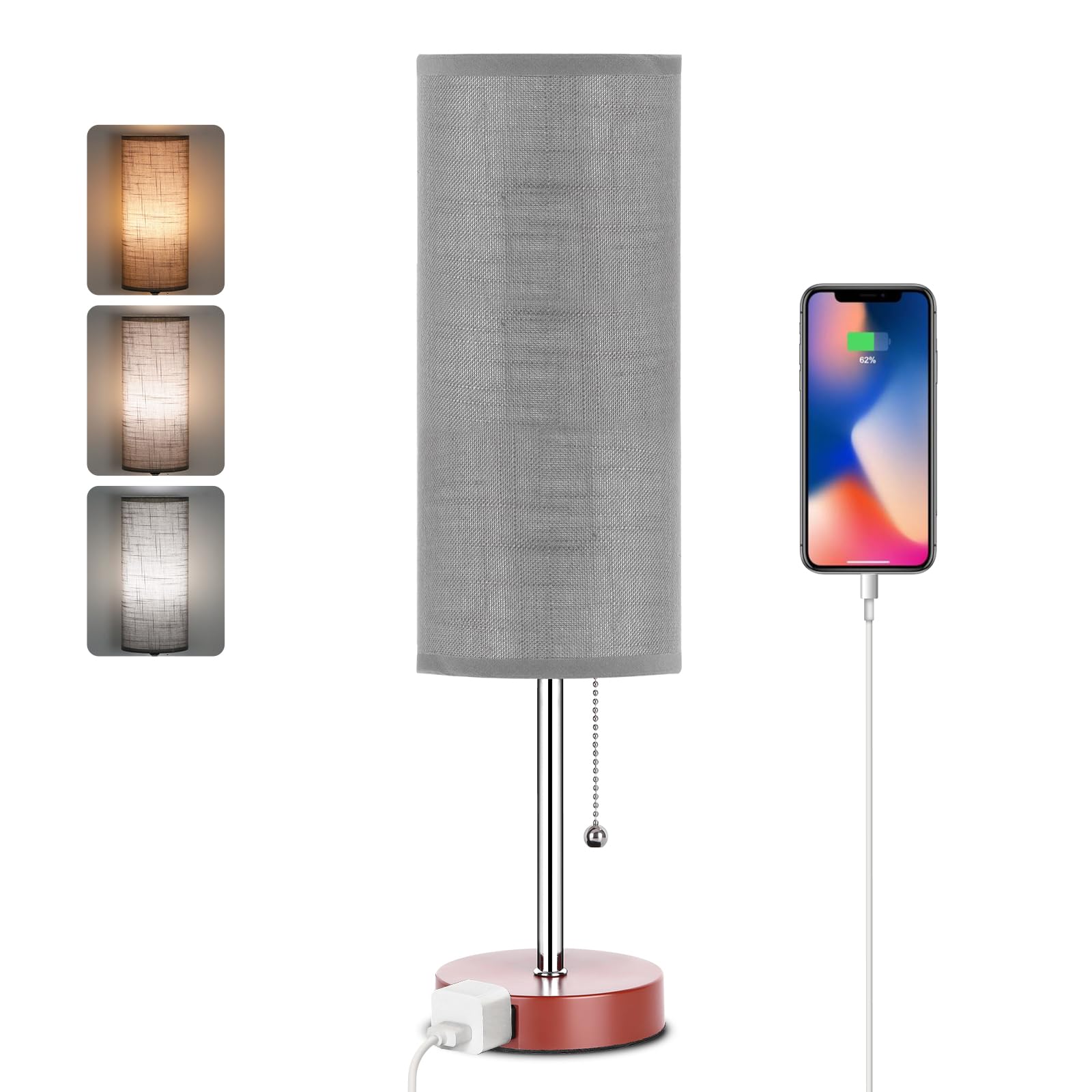 Dott Arts 18 Table Lamp for Bedroom, 3-Color Bedside Lamps with Pull Chain, Bedroom Table Lamps for Nightstand,AC Outlet Small L