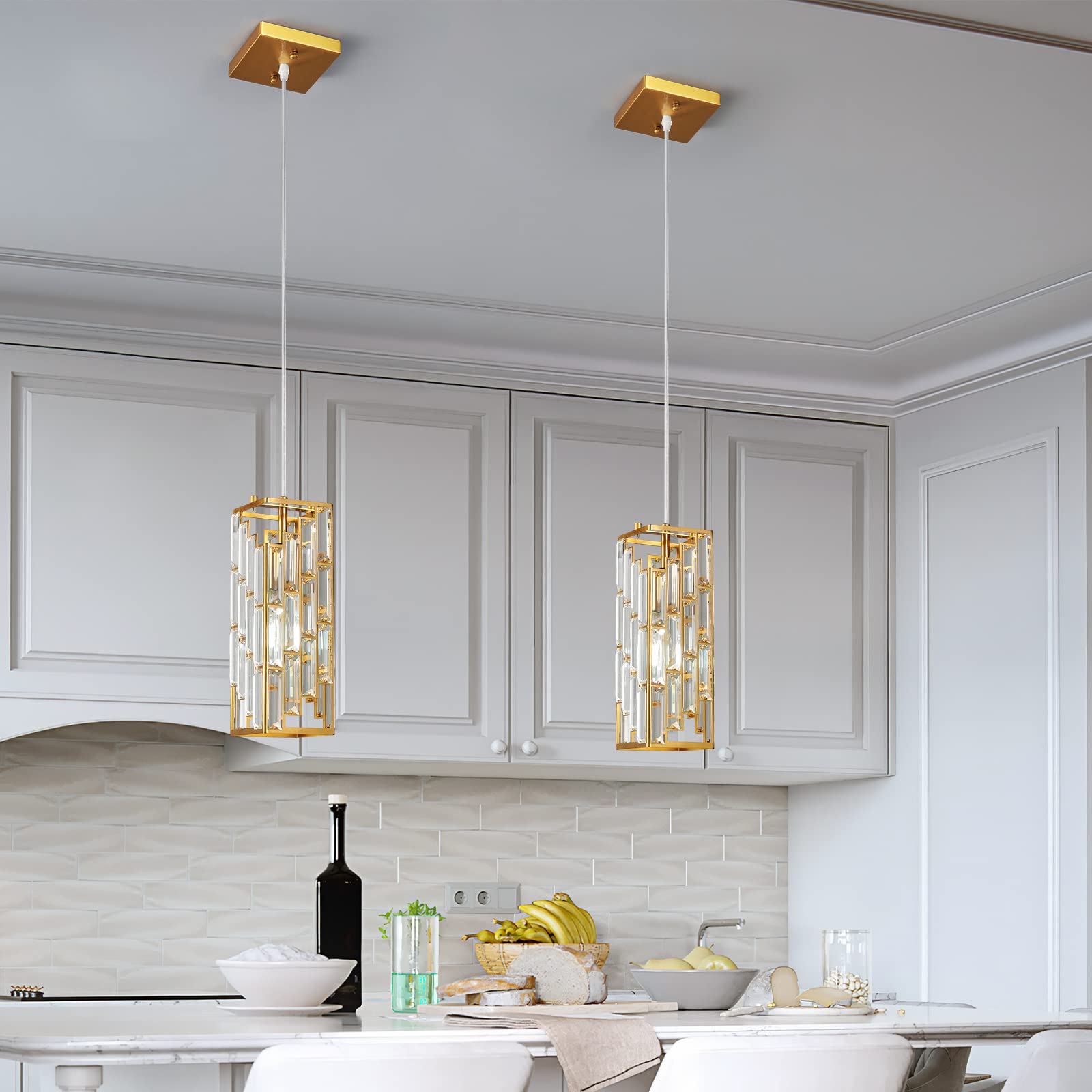 FDPBY Gold Pendant Lighting - Mini Crystal Chandeliers, Adjustable 3-Pack for Kitchen Island, Dining Room, Bedroom - Model JP-002
