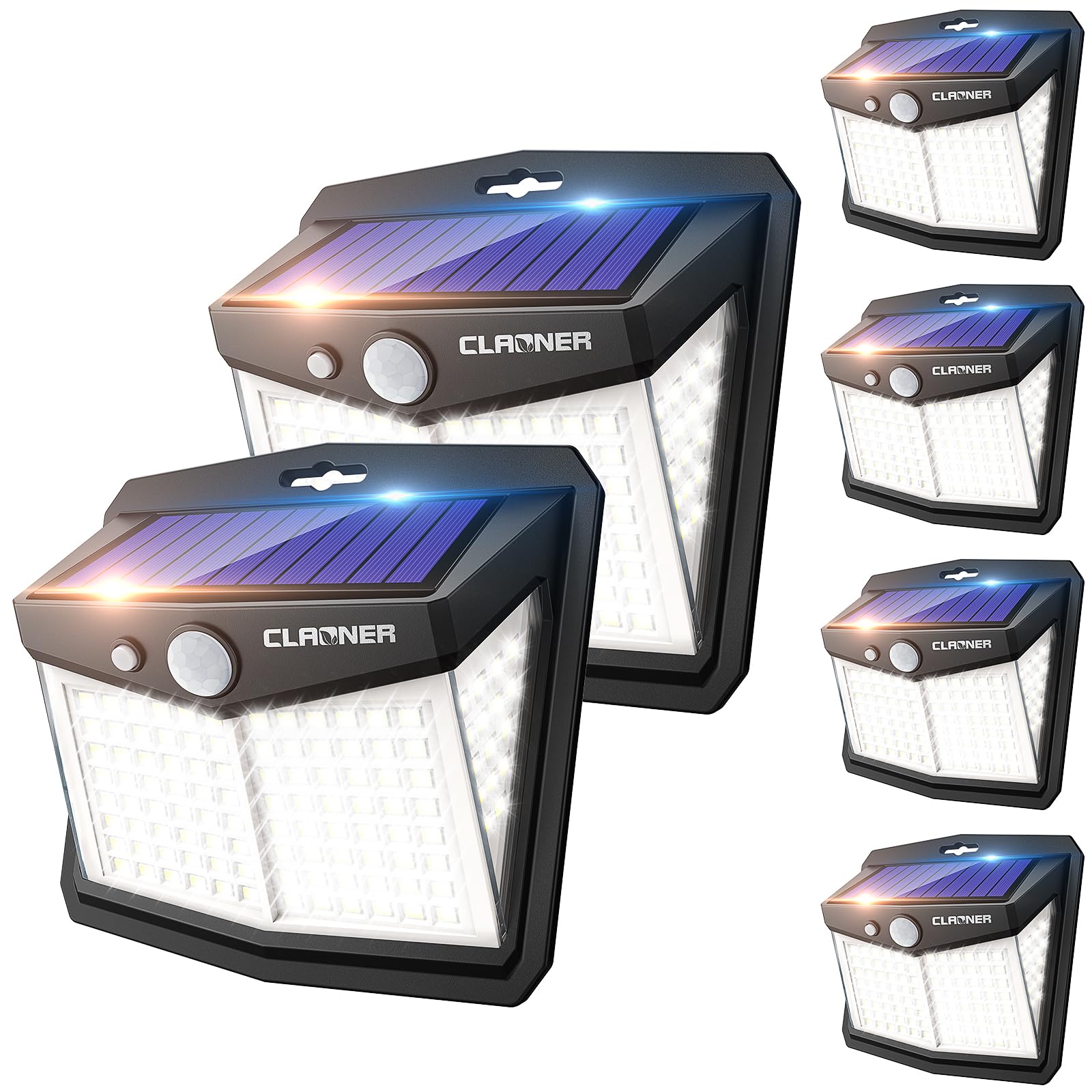 CLAONER Solar Motion Sensor Lights, 128 LED, 3 Modes, IP65 Waterproof, 6 Packs, Cold White, Model CLCLSL013AB-USAS1