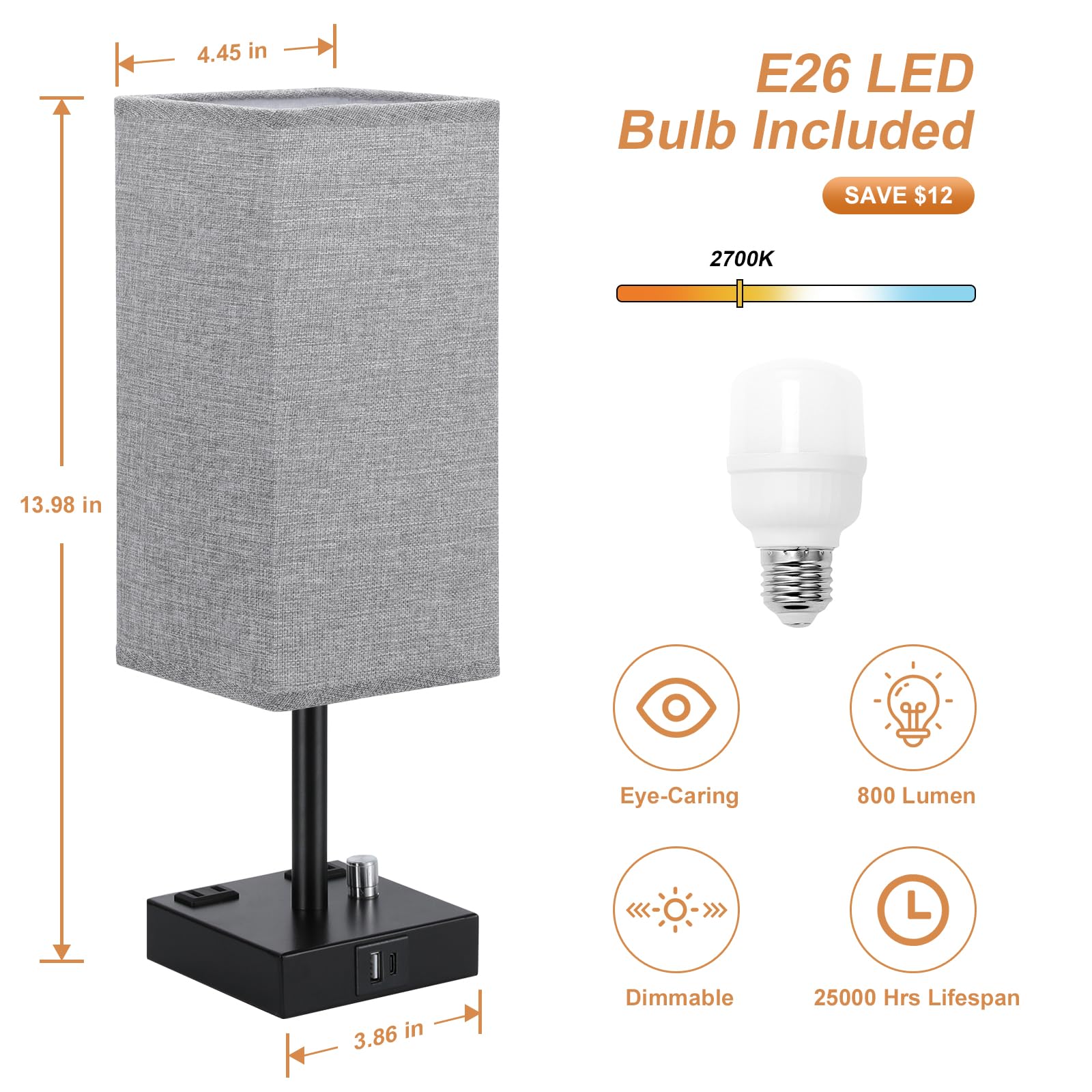 Gray Fully Dimmable Nightstand Lamps Set Of 2 - Table Bedside Lamp With Usb C+A Charging Ports & 2 Ac Outlets, Square Lamp Sets