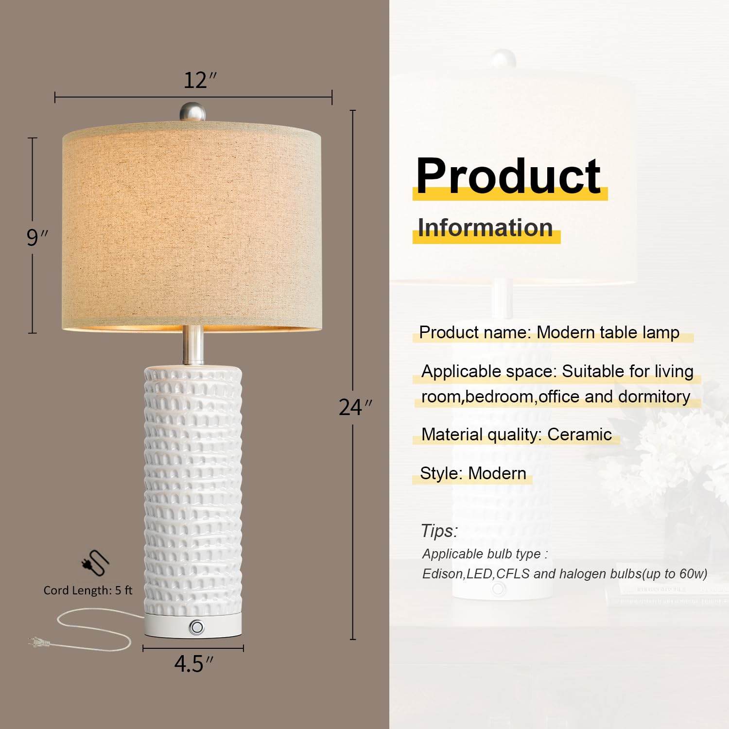 PORTRES 24in Ceramic Touch Table Lamp Set of 2, Dimmable, USB Charging Ports, White, Model AMZ-T1062WH-TU