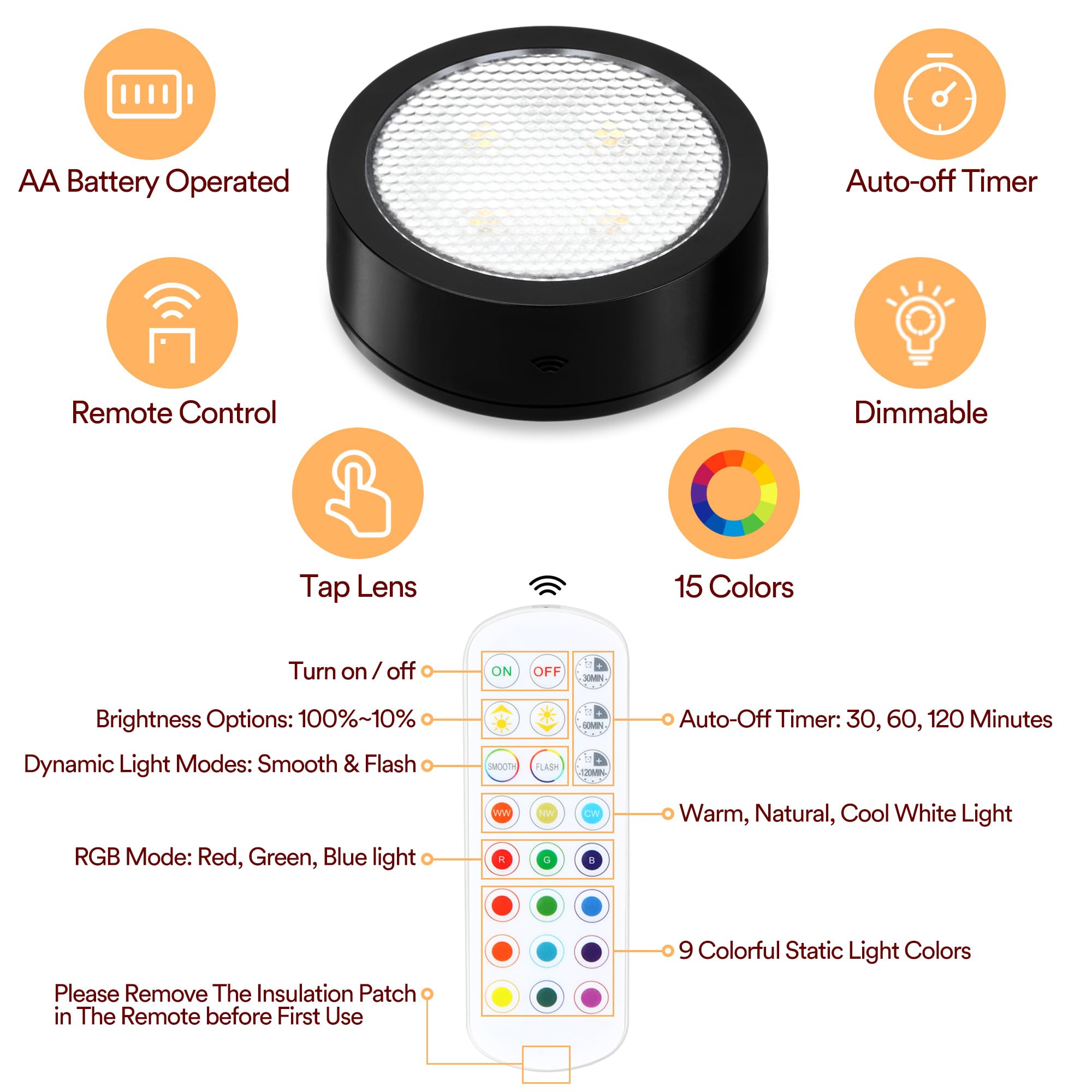 Tecomlight Puck Lights With Remote Control, Battery Powered Wireless Under Cabinet Lighting, Rgbcw Stick On Push Lights, 6 Pack