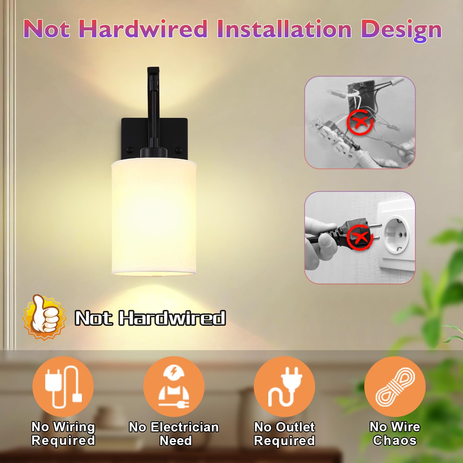 CNOIJUTS Battery Operated Wall Sconces Set of 2, Black, Rechargeable with Remote, 15 Colors Dimmable, Model W250301RC