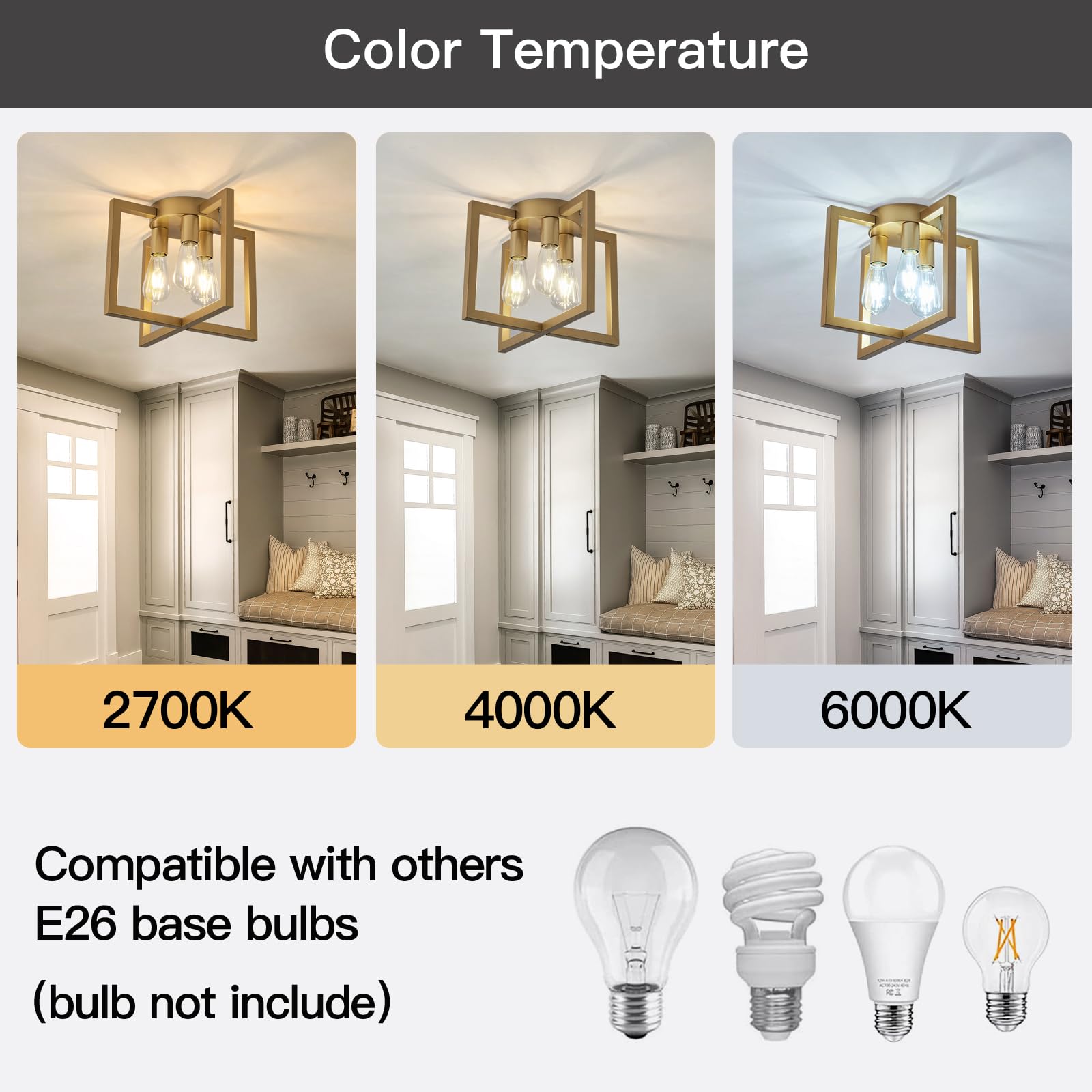 Zglaojt 3-Lights Ceiling Light Fixture,Modern Gold Semi Flush Mount Chandelier,Matte Ceiling Lighting For Kitchen Living Room Be