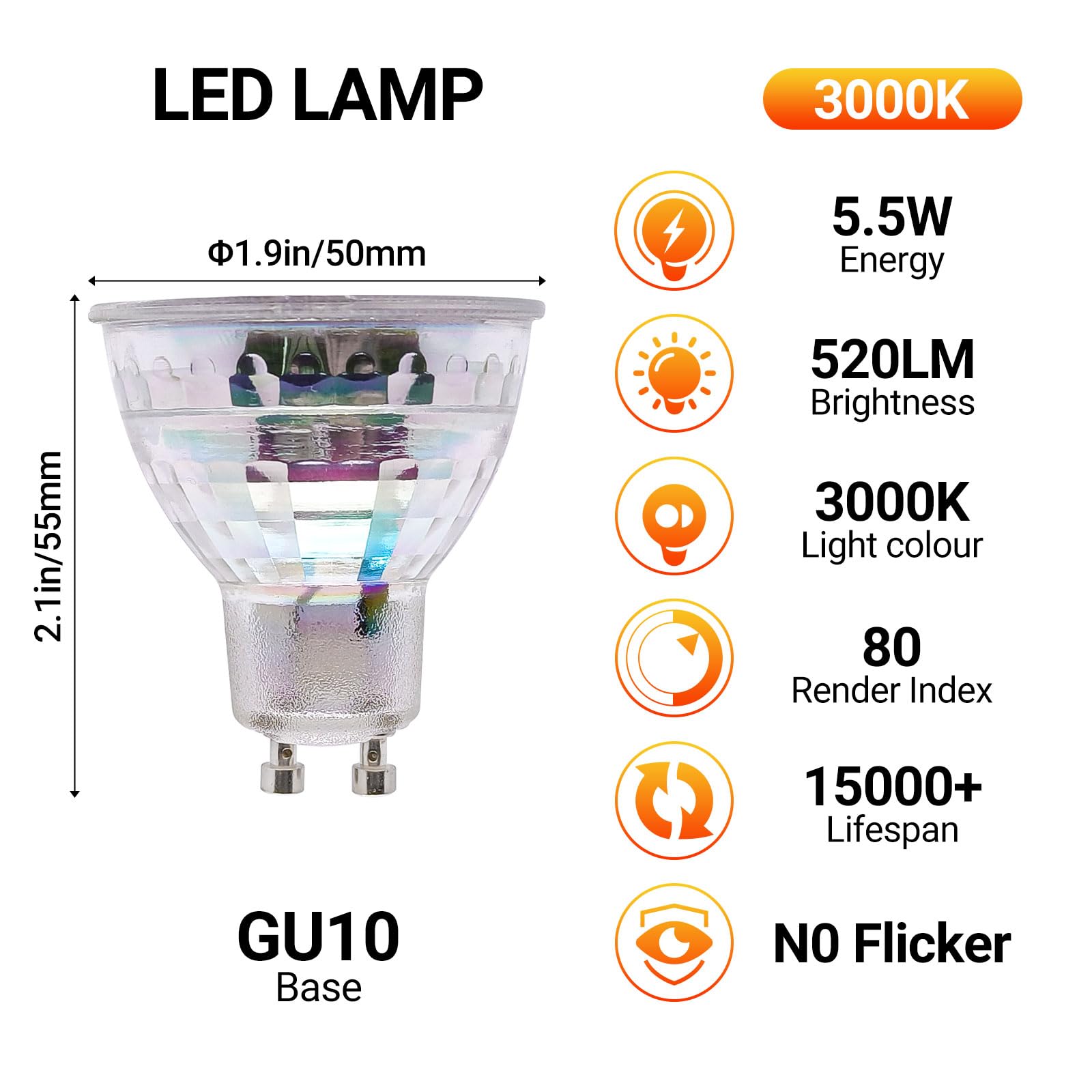 Listocasa 20-Packs Gu10 Led Light Bulbs 3000K Warm White,5.5W(55W Halogen Equivalent), Dimmable Spotlight Gu10 Led Bulbs, Full G