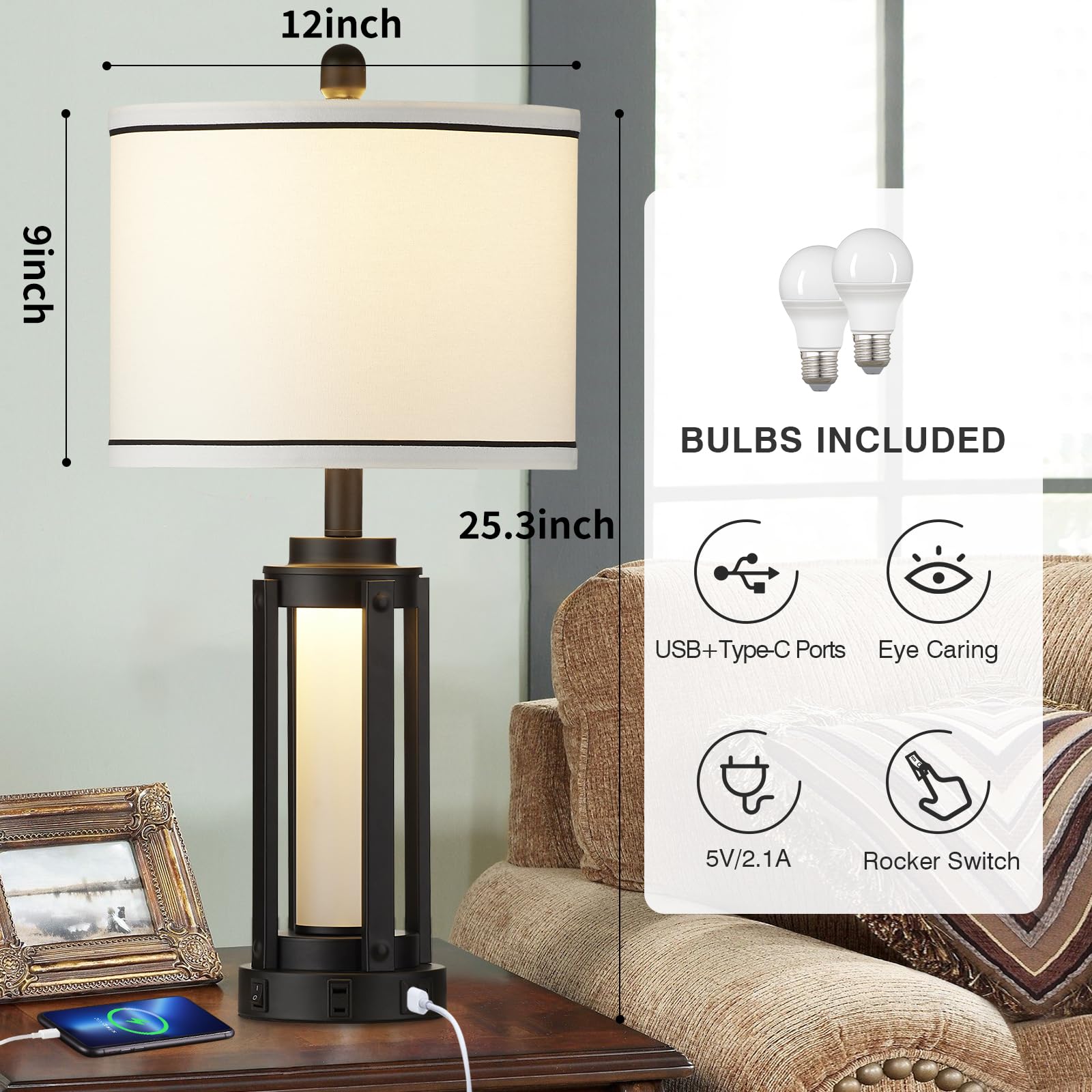 Modern Table Lamps For Living Room, Industrial Beside Lamps With Usb A+C Charging Ports & Ac Outlet, Rustic Nightstand Lamp With Glass Night Light For Bedroom End Table Entryway Black(4 Bulb Included)