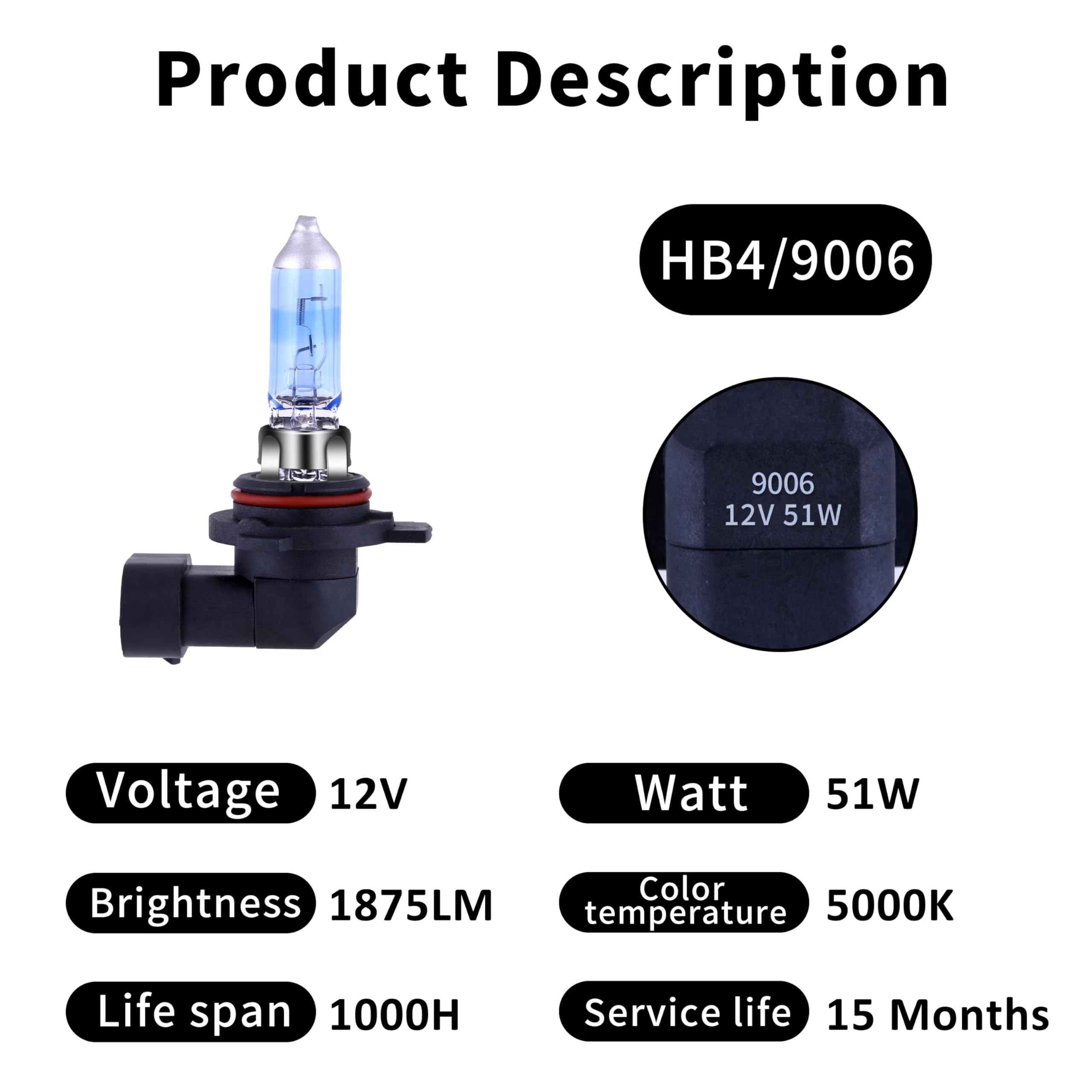 NEWBROWN Halogen Headlight Bulb 9006 HB4, 5000K Super White Light, Long Life, 4 Pack