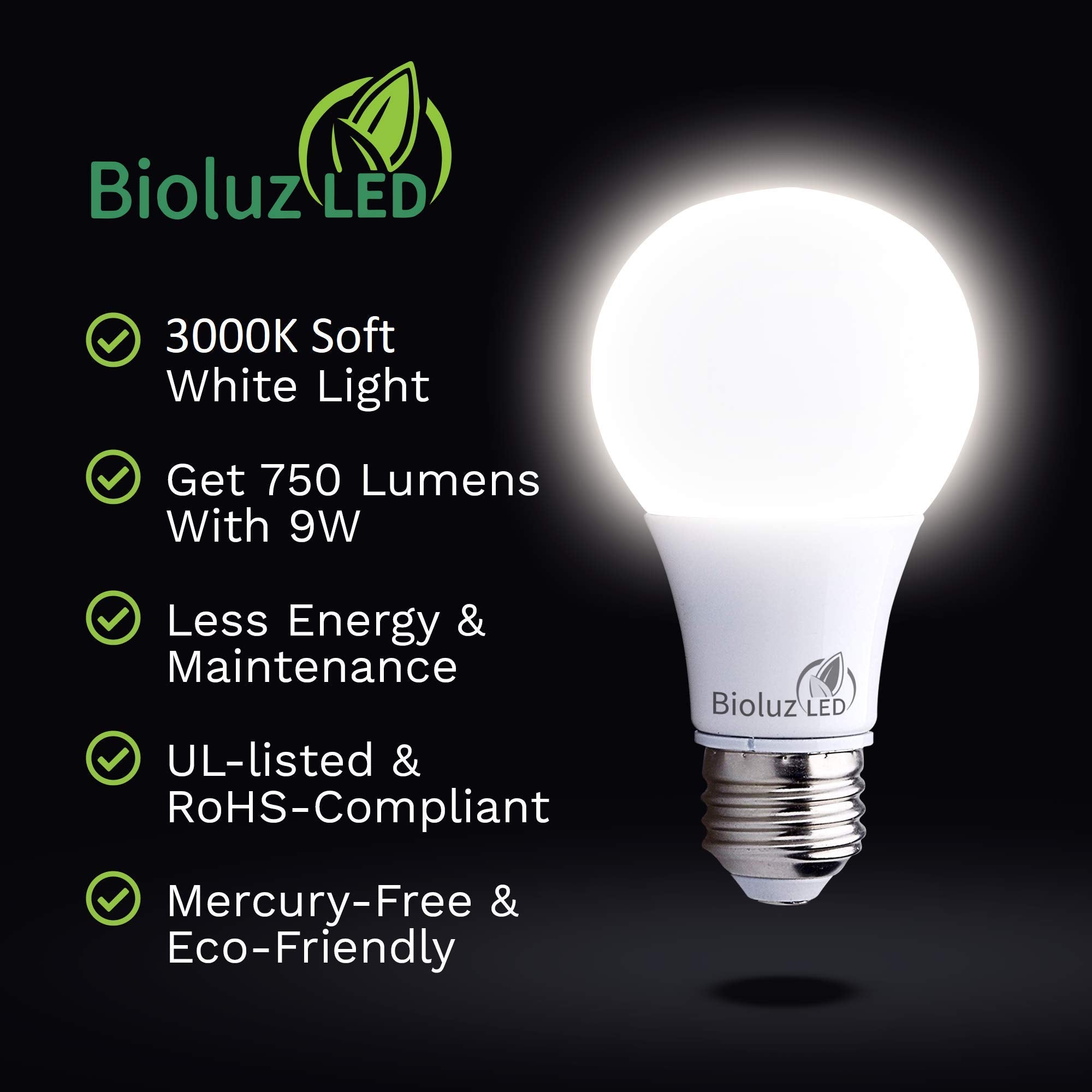 Bioluz LED A19 Light Bulbs 9W Non-Dimmable 3000K Soft White 24 Pack Plastic