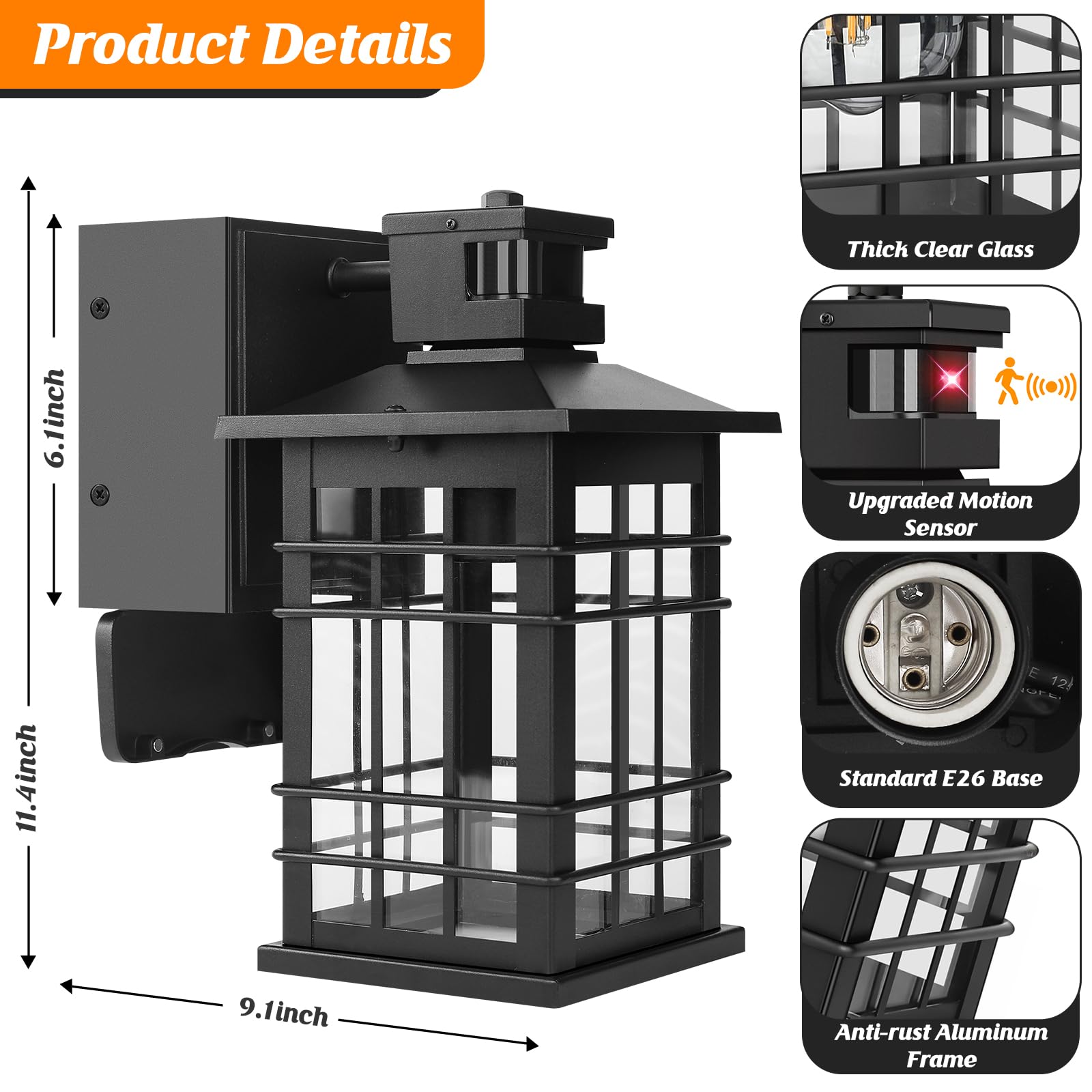 2-Pack Porch Lights With Gfci Outlet, Motion Sensor Dusk To Dawn Waterproof Outdoor Wall Lights, 3 Lighting Modes Black Exterior