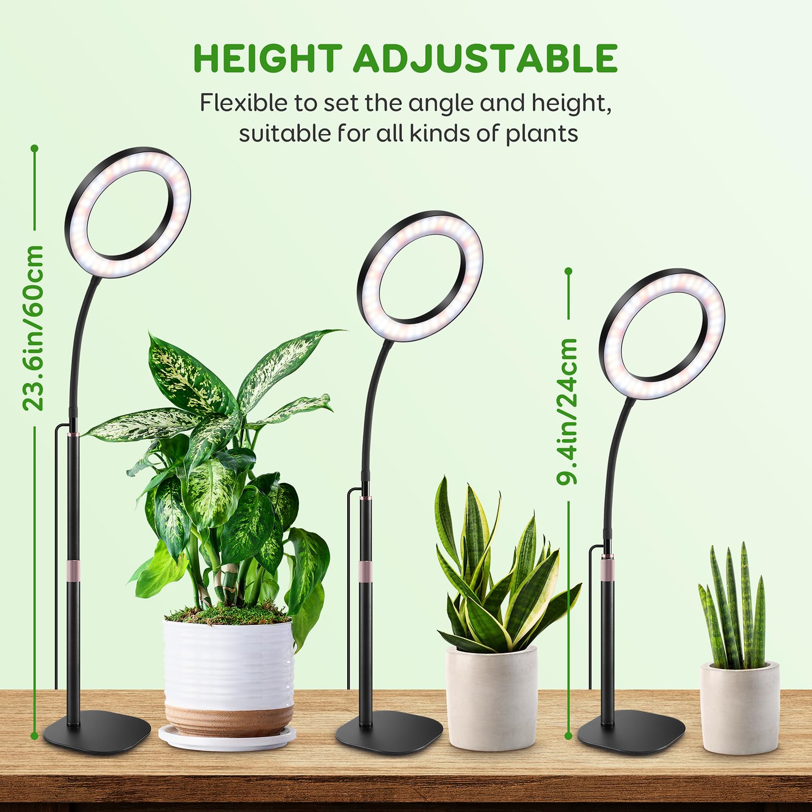 Lpmzmbl One Head Grow Lights For Indoor Plant Full Spectrum, Desk Halo Plant Lights For Indoor Growing With 3H/9H/12H Timer, 5 Dimmable Levels,Height Adjustable 9.4-23.6&quot;,Strong Metal Base Happy Light