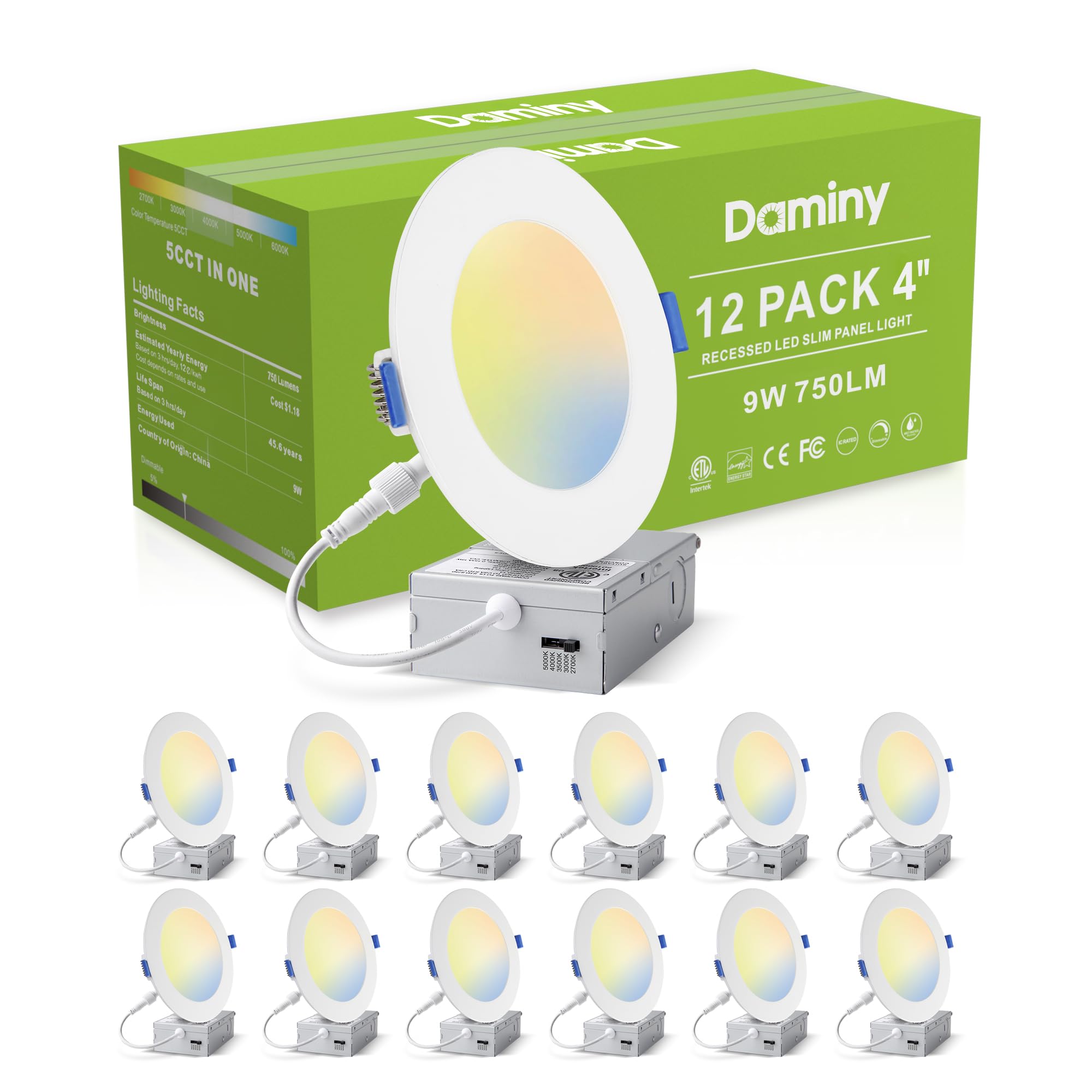 DAMINY 12 Pack 4 Inch LED Recessed Lighting with Junction Box,5CCT,Ultra-Thin Recessed Light,9W 750lm, Dimmable Canless Wafer Ce