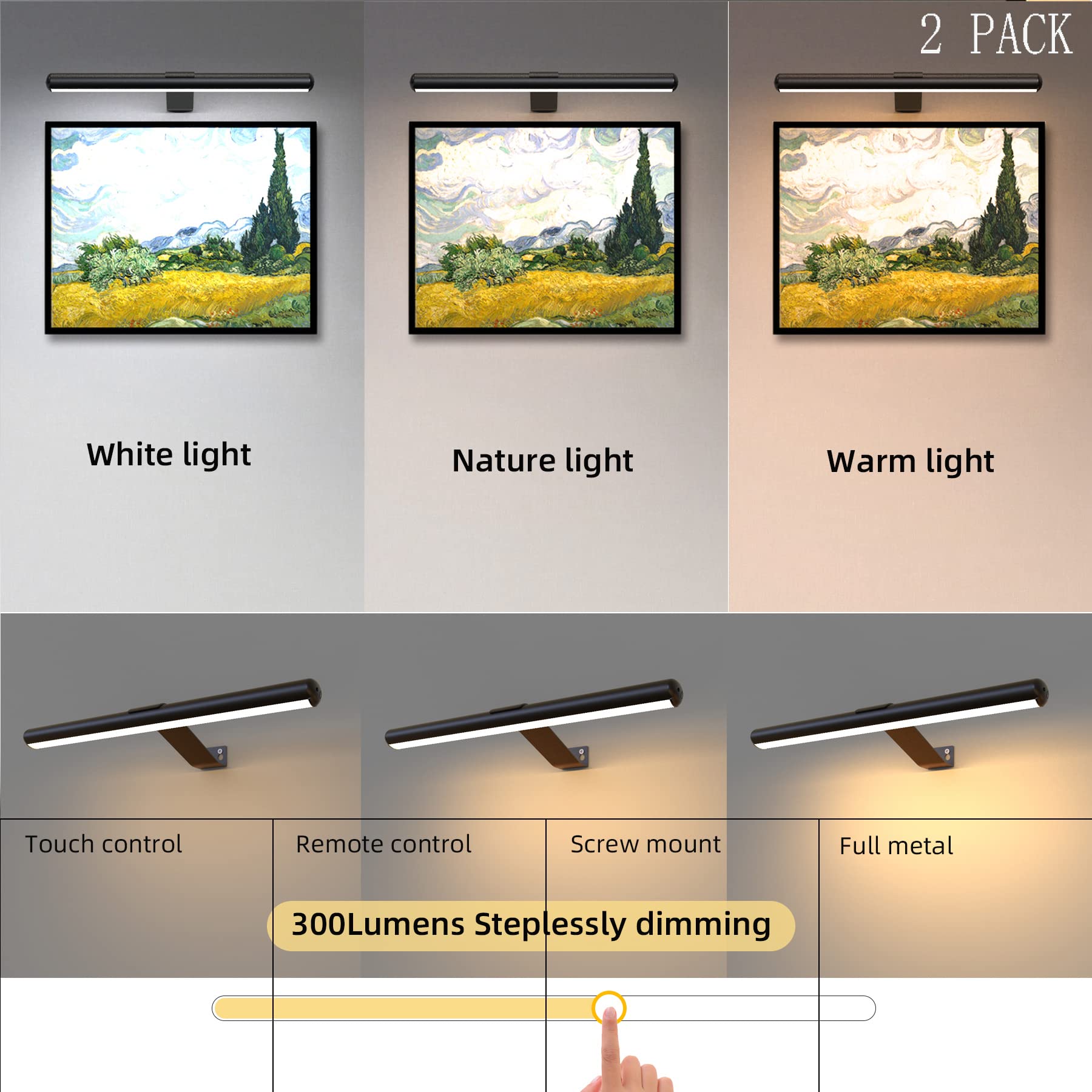 TINTINDOC Wireless Picture Lights, 16in  Battery Operated, Dimmable Timer, Full Metal, 2-Pack Black, Model YM-TY