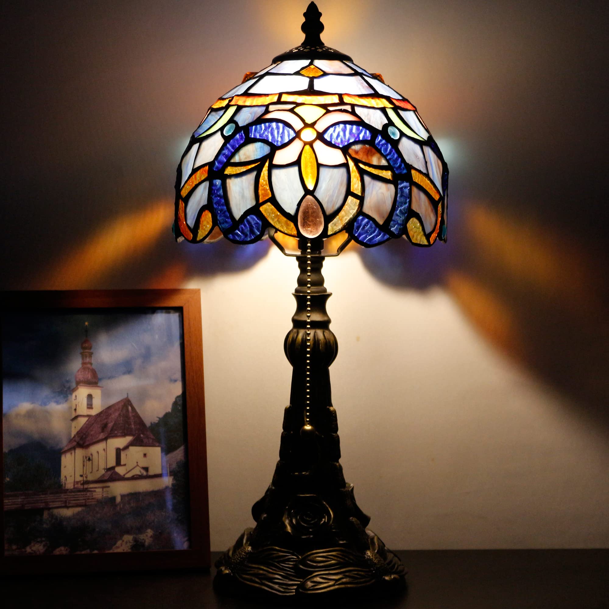 Small Tiffany Lamp Mini Stained Glass Desk Lamp Vintage Table Lamp Tiffany Style Night Light 8X17.5 Inch (Blue Purple Cloudy Sty