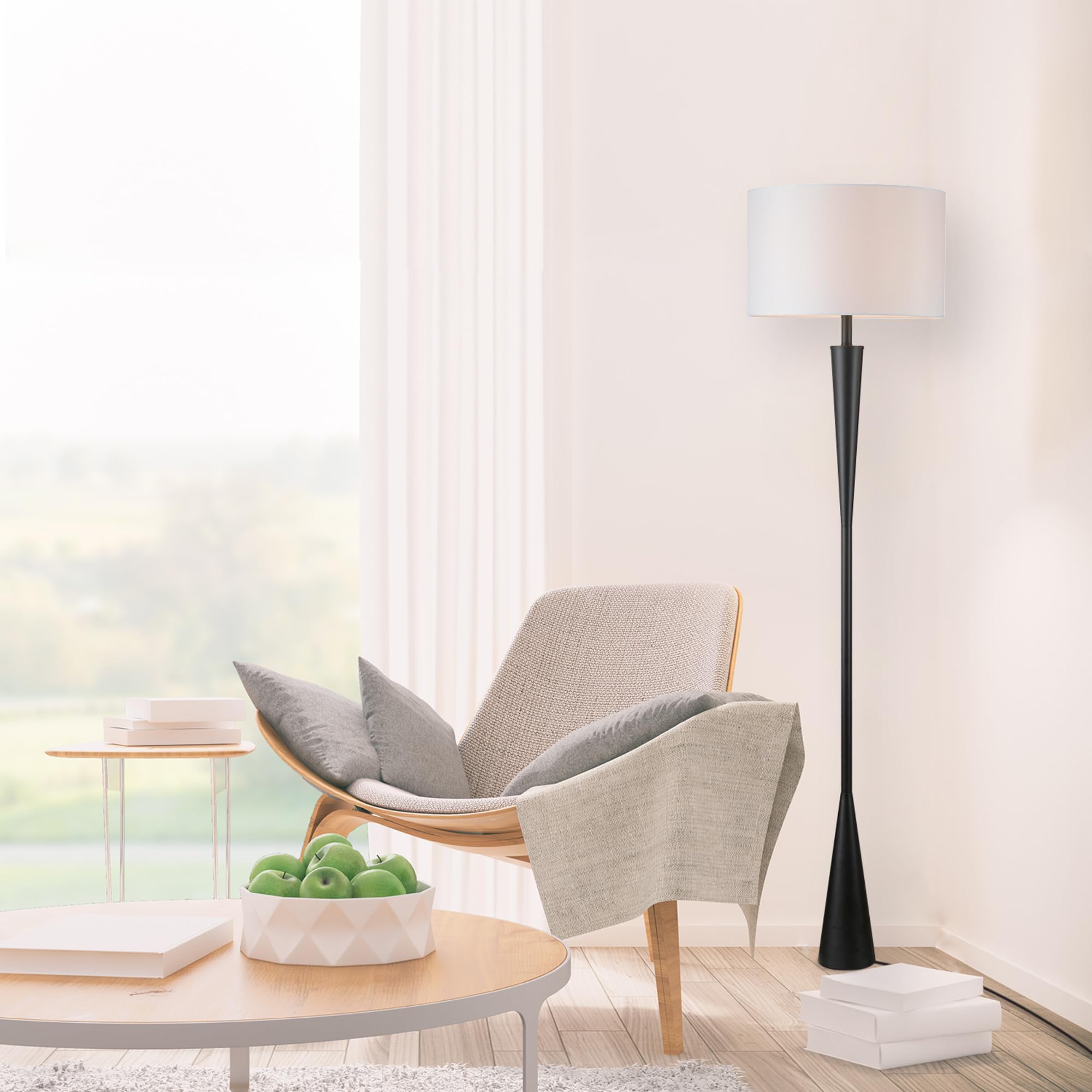 Globe Electric Floor Lamp, 70in Matte Black with White Fabric Shade, Model 67224