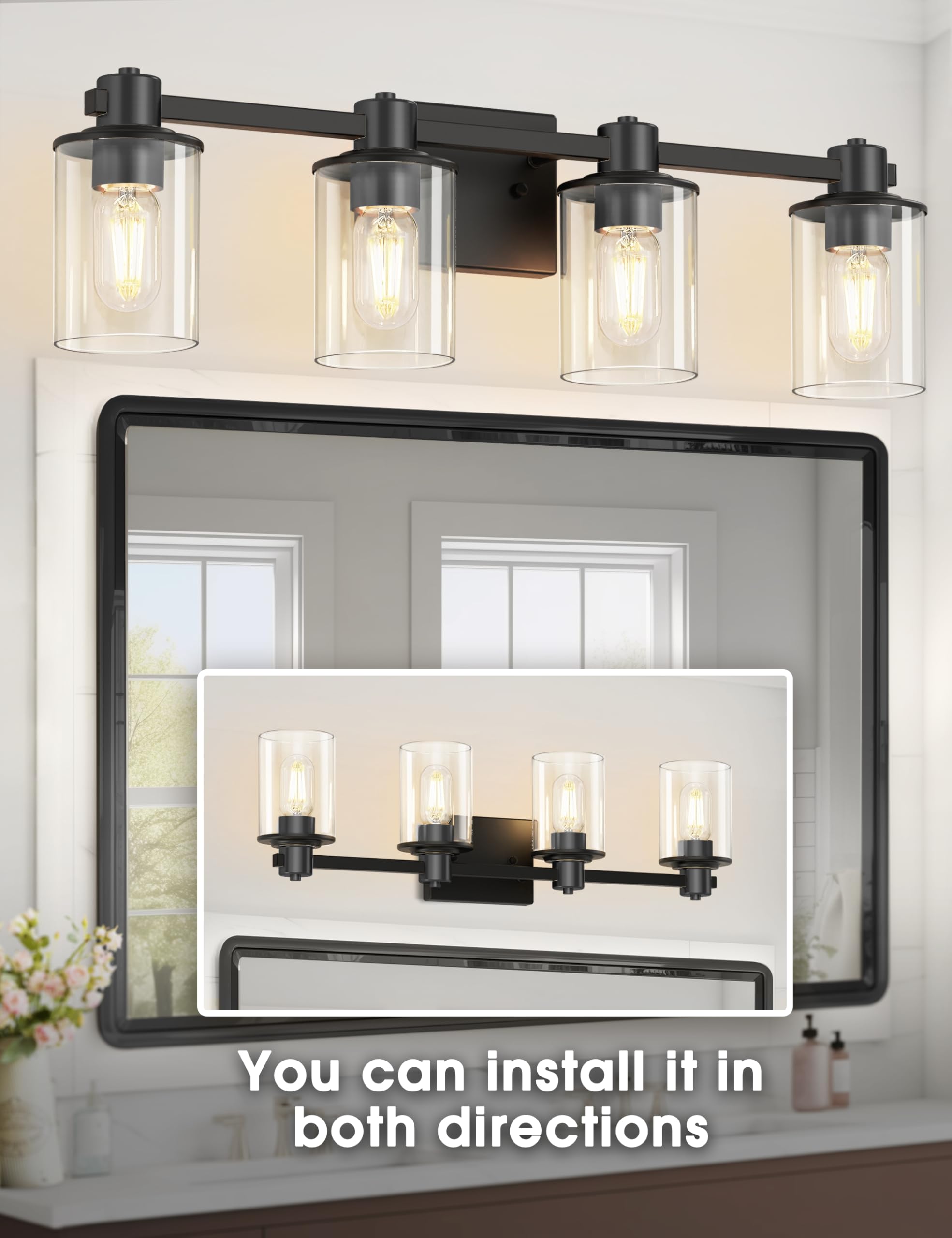 DORESshop 4-Light Black Bathroom Light Fixtures, Modern Glass Shade Vanity Lights, Model DORESshop-BL-4L