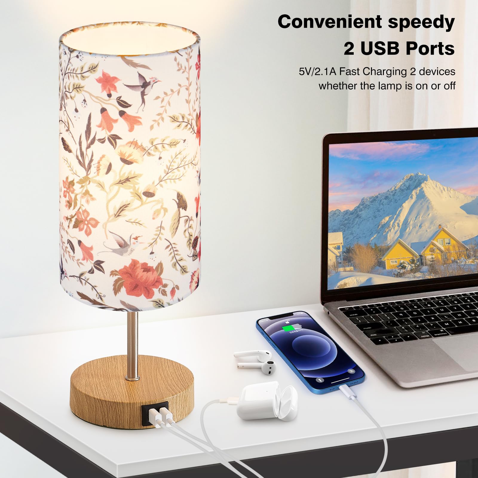 Bedside Touch Lamp, Wood Small Table Lamp With 2 Usb Charging Ports & Flower Fabric Shade, 3-Way Dimmable Nightstand Lamps For L