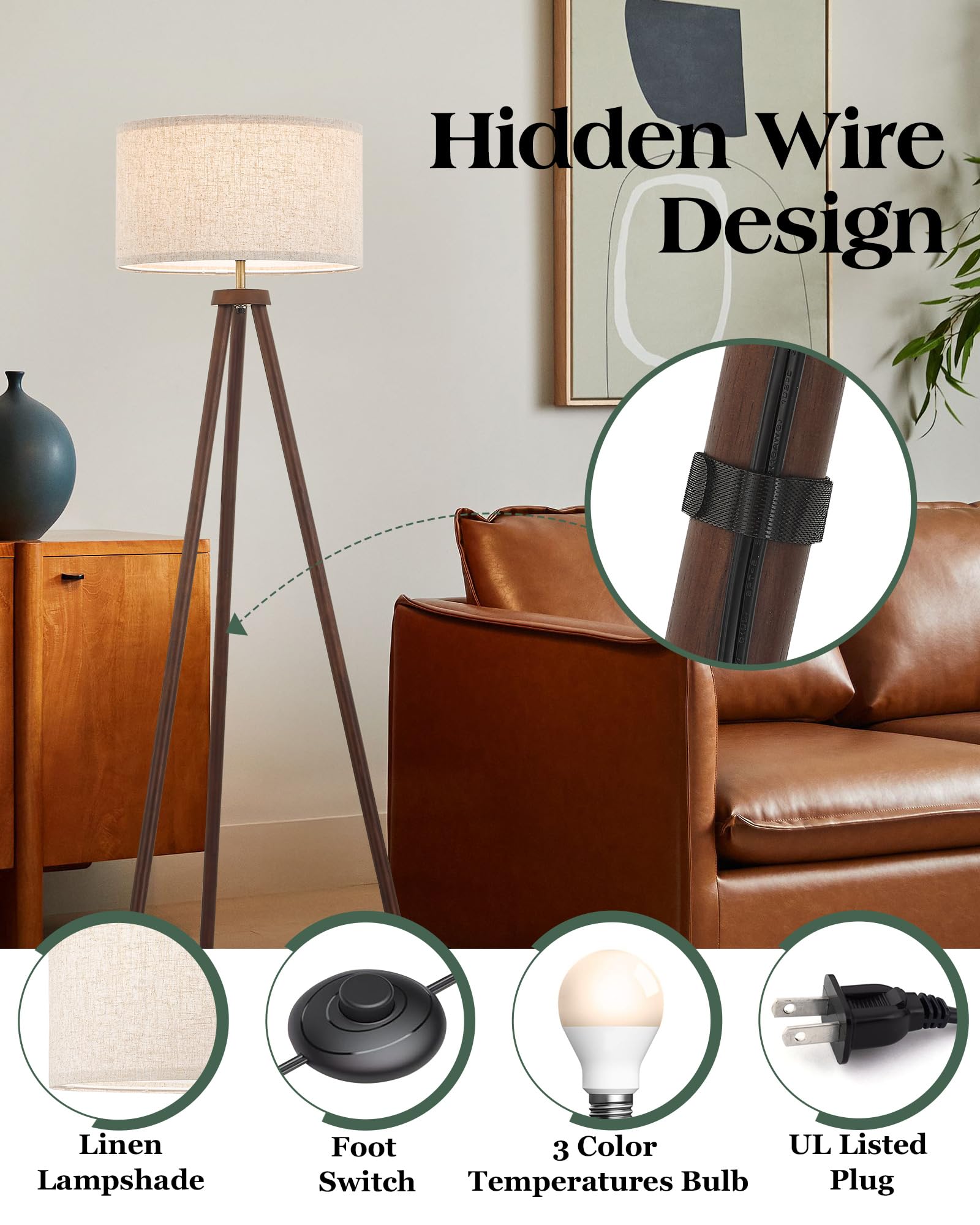 Elyona Wood Tripod Floor Lamp Brushed Brass Metal & 3 Color Temperatures Led Bulb Vintage Wooded Standing Lamp Industrial Tall L