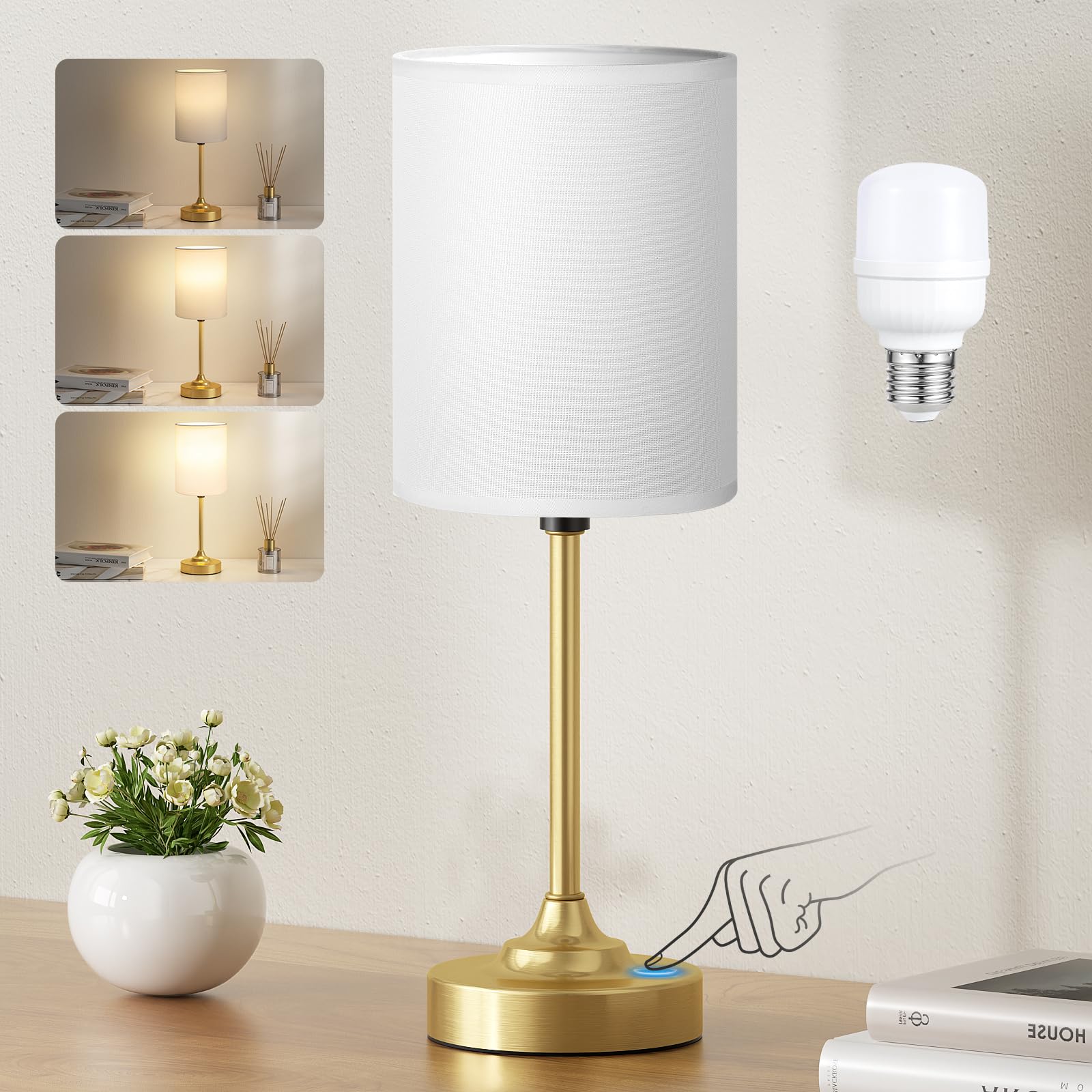 Fenmzee Gold Nightstand Bedroom Lamp - 3 Way Dimmable Bedside Lamp, Small Table Lamp Linen Lampshade For Office Desk, Led Bulb I