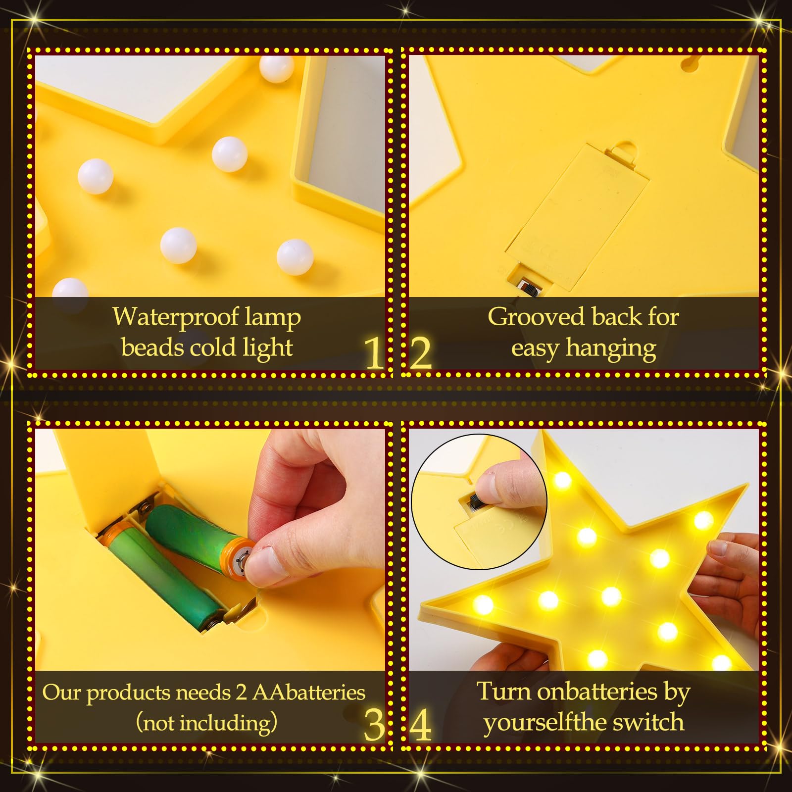 Vihose 3 Pcs Star Marquee Lights Movie Star Lights Battery Operated Led Star Signs Light Up Movie Theater Decor Plastic Night Li