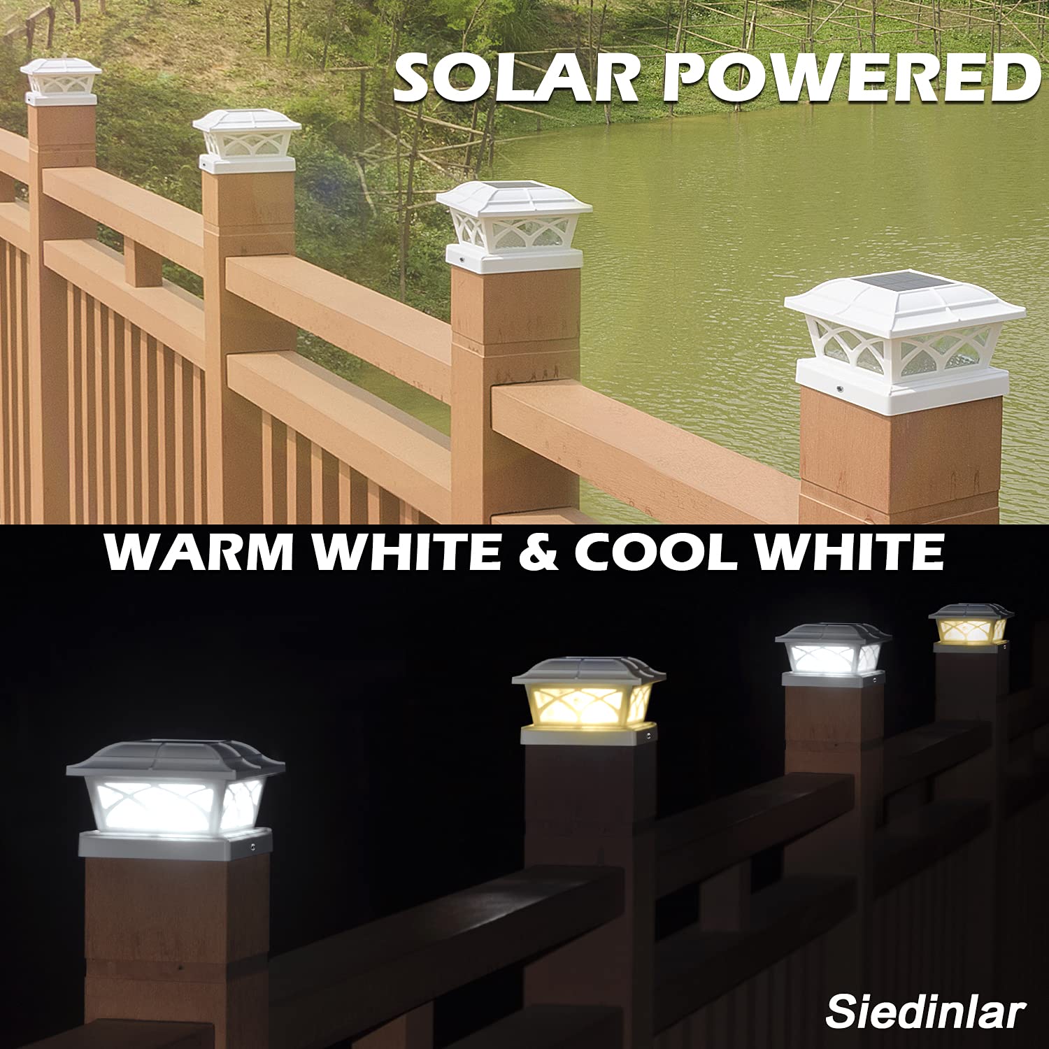 SIEDiNLAR Solar Post Cap Lights, 2 Color Modes, 8 LEDs, Glass, 1 Pack, White, Model SD012W-1PK