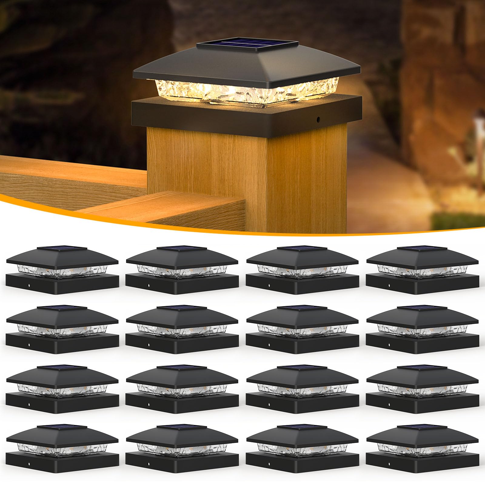 APONUO Solar Post Cap Lights, Warm White 4x4 Post Solar Lights Outdoor Waterproof Garden Patio Porch Yard Decor for 4x4 Wood Vin