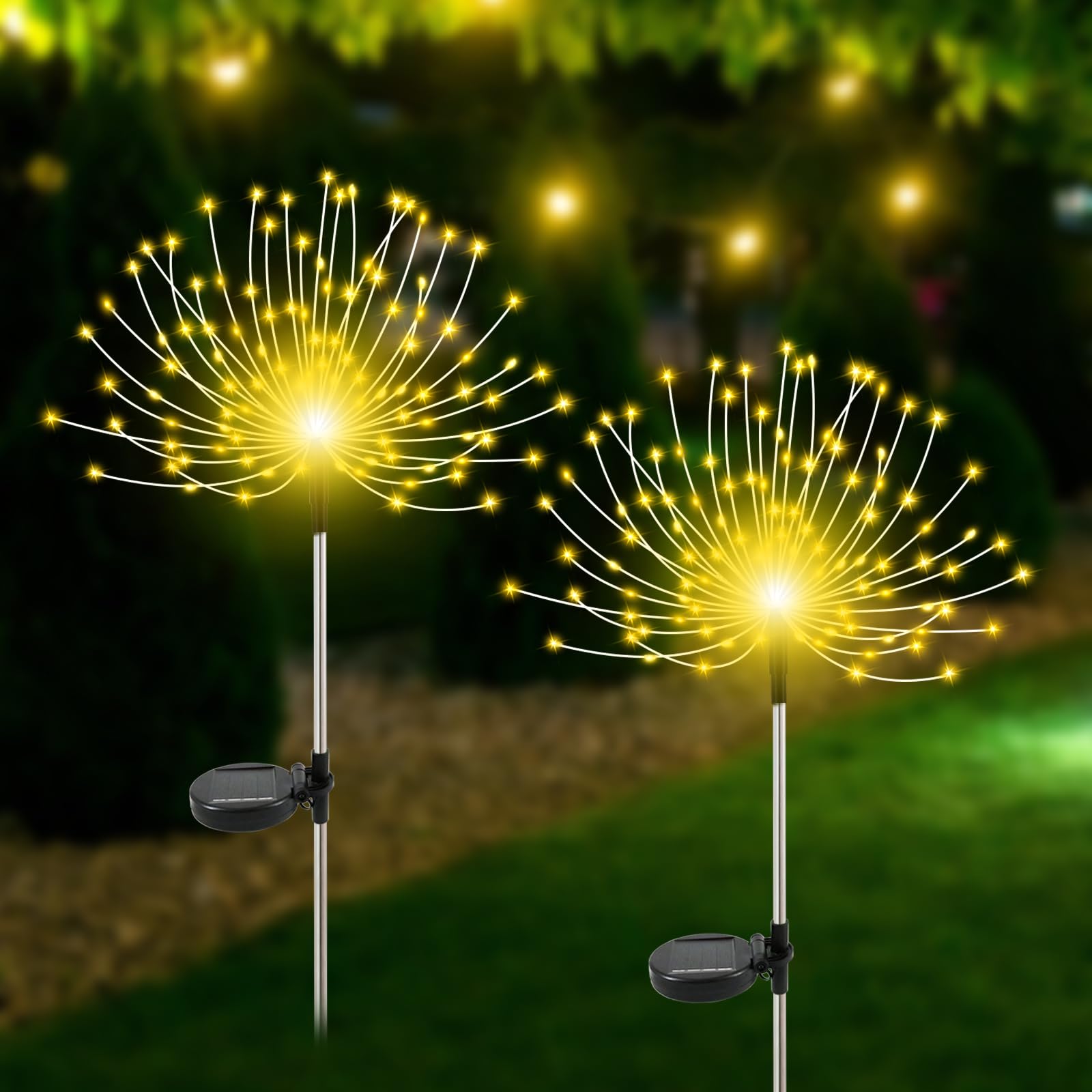 Solar Garden Lights Outdoor Waterproof, 2 Pack 120 LED Solar Firework Lights Decorative Garden Décor Outside for Flowerbed Pathway Party Christmas Decorations, Warm White