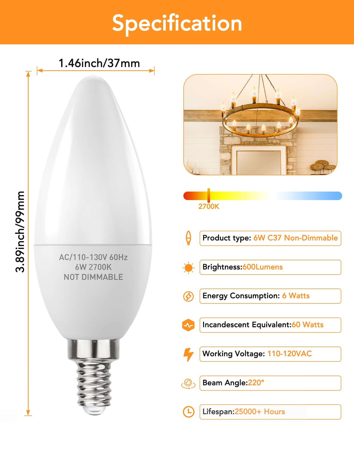 PARTPHONER E12 LED Light Bulbs, 60W Equivalent, 6W Non-Dimmable, 600 Lumen, 2700K Soft White, Pack of 24