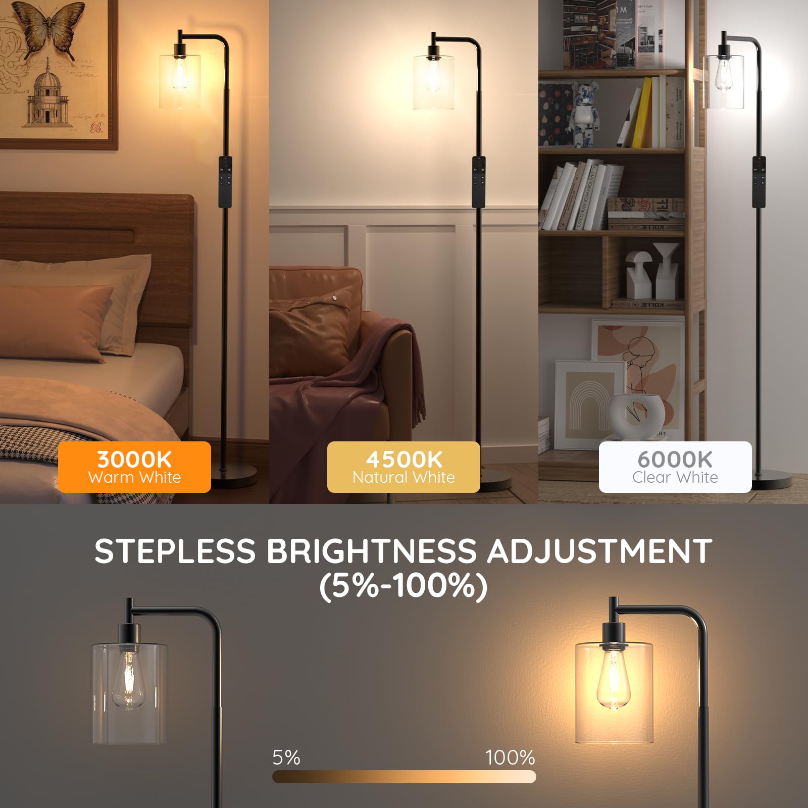PAZZO Floor Lamp with Remote, Industrial Standing Floor Lamp with Glass Lampshade, Modern Floor Lamp Ideal for Living Room Bedro