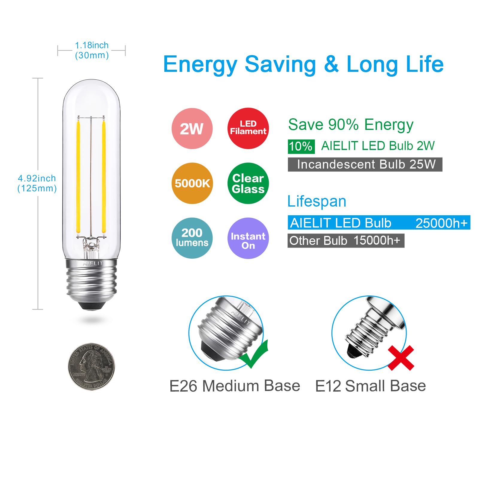 Aielit E26 Led Tubular Light Bulb 25 Watt Equivalent, Bright White 5000K, 200 Lumens, 2W Daylight Dimmablet10/T30 Edison Led Fil