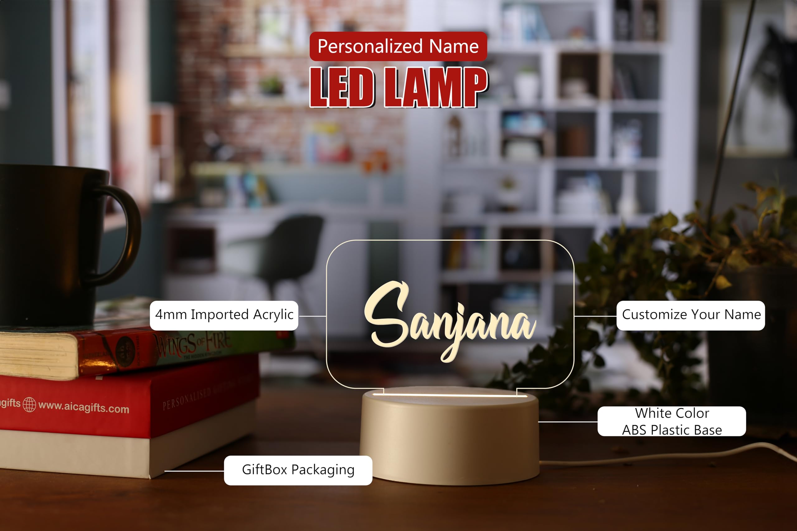 AICA Personalized Name LED Night Table Lamp (White Base)| Customized Gifts for Men Women Husband Wife Girlfriend Boyfriend