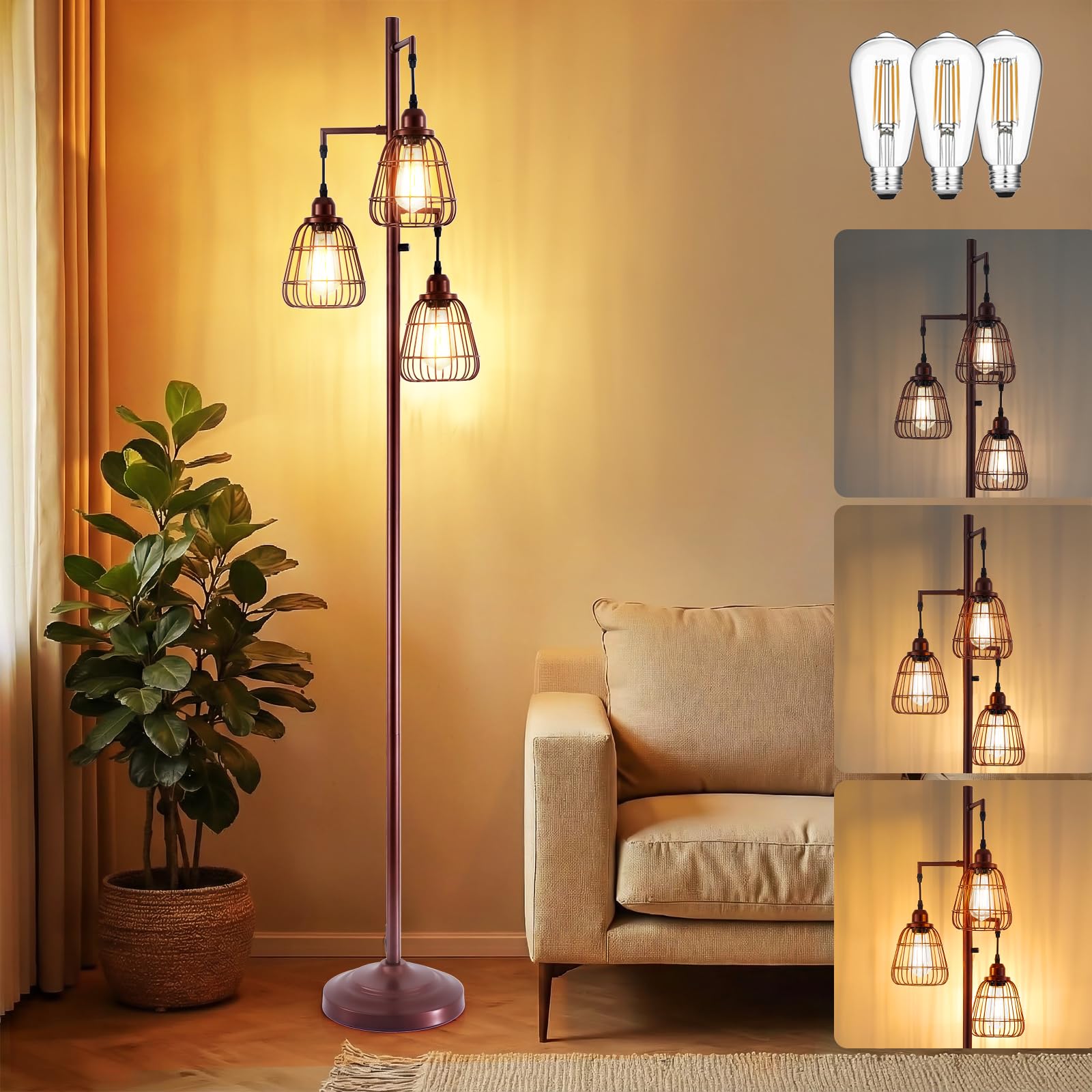 3WWWUEE Farmhouse 70 Dimmable Floor Lamp for Living Room Oil Rubbed Bronze 3-Light Tall Lamp with Bird Caged Lampshade Bedroom