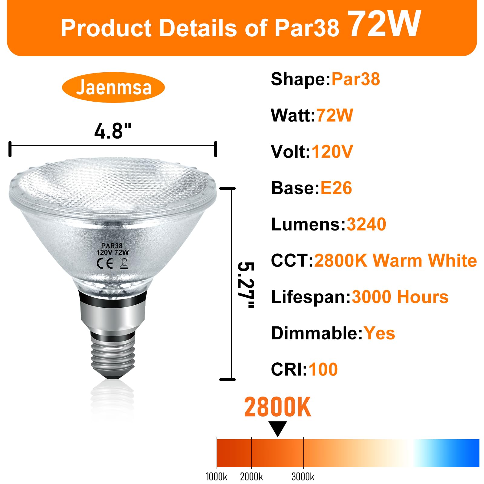 Jaenmsa PAR38 Halogen Flood Light Bulbs 72W Dimmable Warm White 2800K E26 Base 3420 Lumens, 2-Pack for Indoor/Outdoor Use