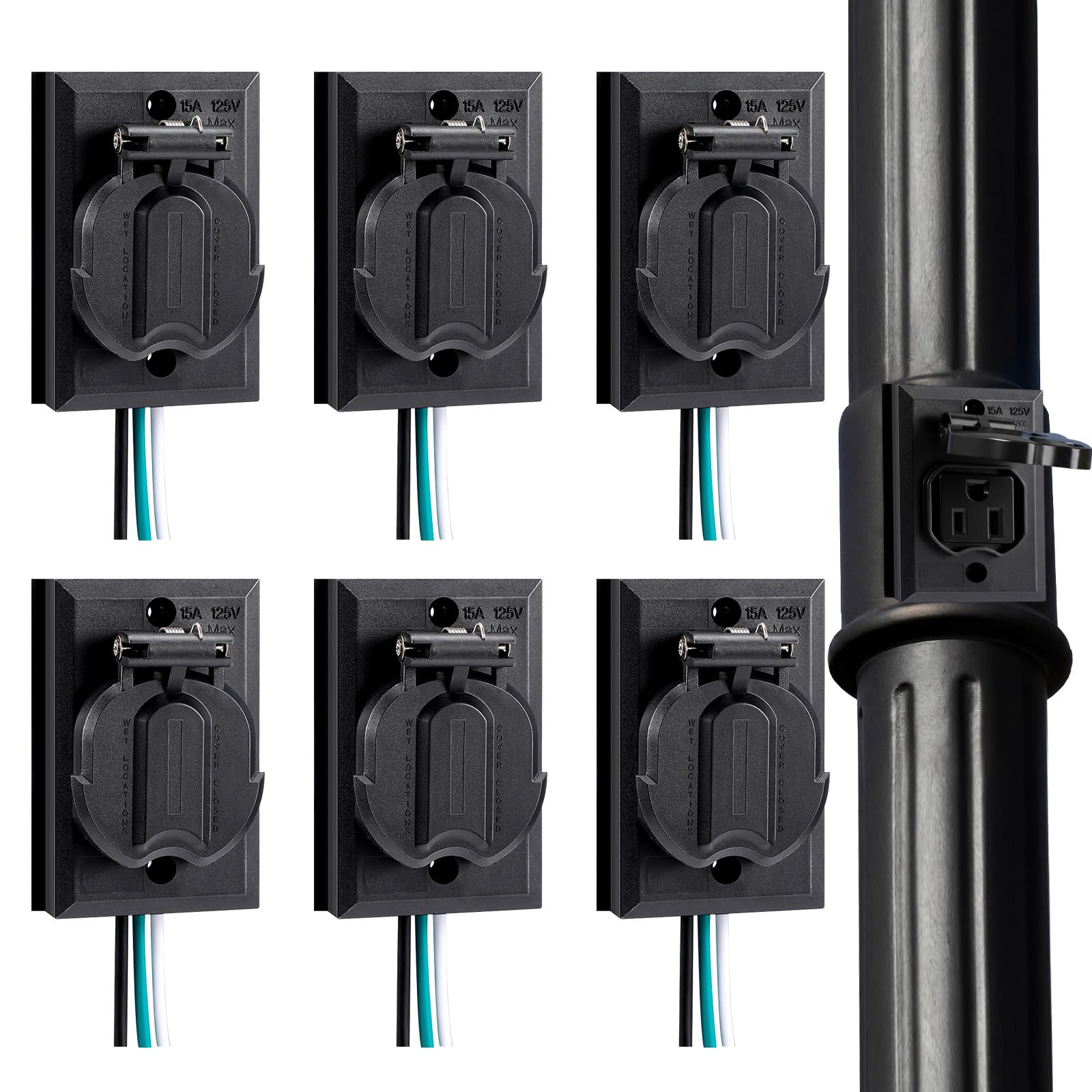Flutesan 6 Pcs Lamp Post Outlet 125V 15A Grounded Electrical Outlet Energy Saving Light Pole Plug for Outdoor Lamp Post and Pole