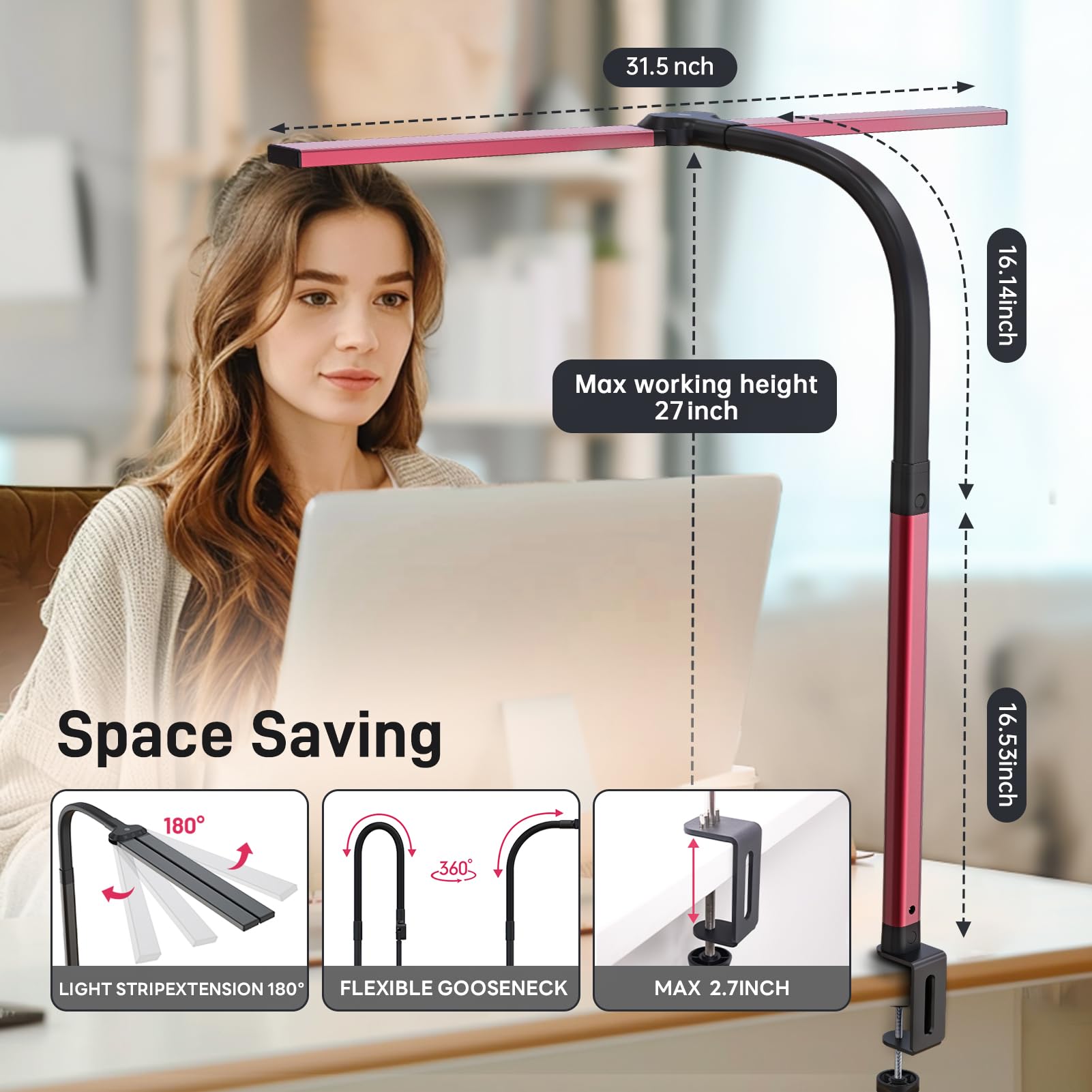Paklighting LED Desk Lamp - 24W Double Head Architect Task Lamp, Eye-Caring, Stepless Dimming, Flexible Gooseneck, Red