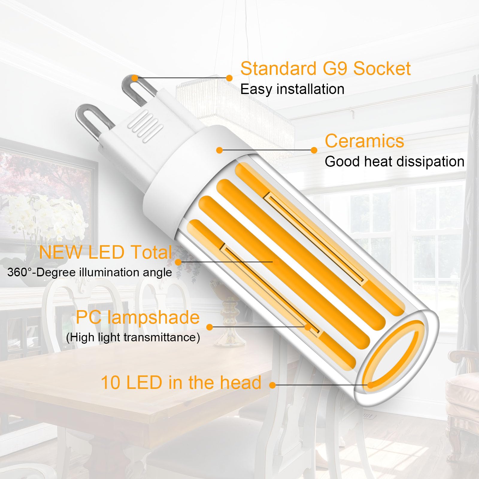 LFLAMPON G9 LED Bulb Dimmable 8W, 2700K Warm White, Ceramic Base, 800LM, Model TX92F45, 5 PCS for Ch