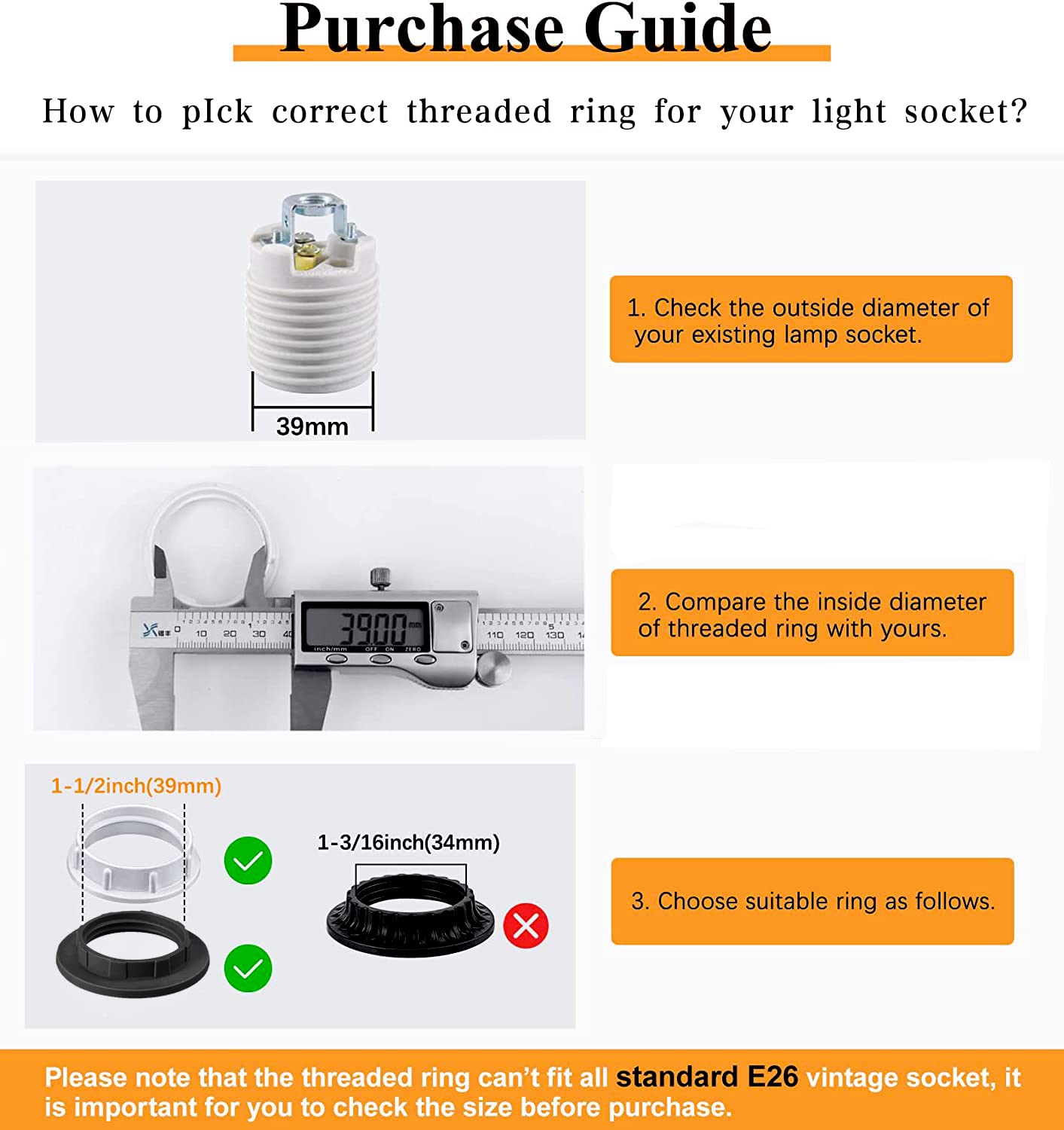 Lamp Shade Rings+Plastic Lampshade, Lock Socket Replacement For Standard Base Threaded Lamp Holder,Thread Diameter 1-1/2 Inches