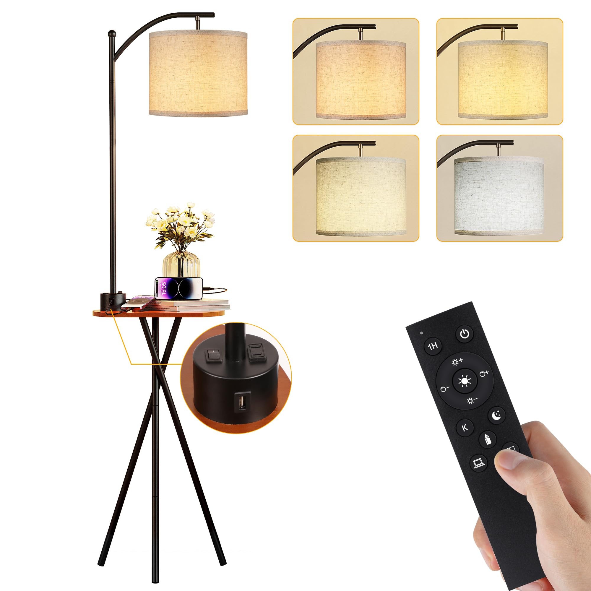 ROTTOGOON Floor Lamp with Table, Remote Control, USB & AC Ports, 4 Color Temperatures, Black, Model ROFP092AB1