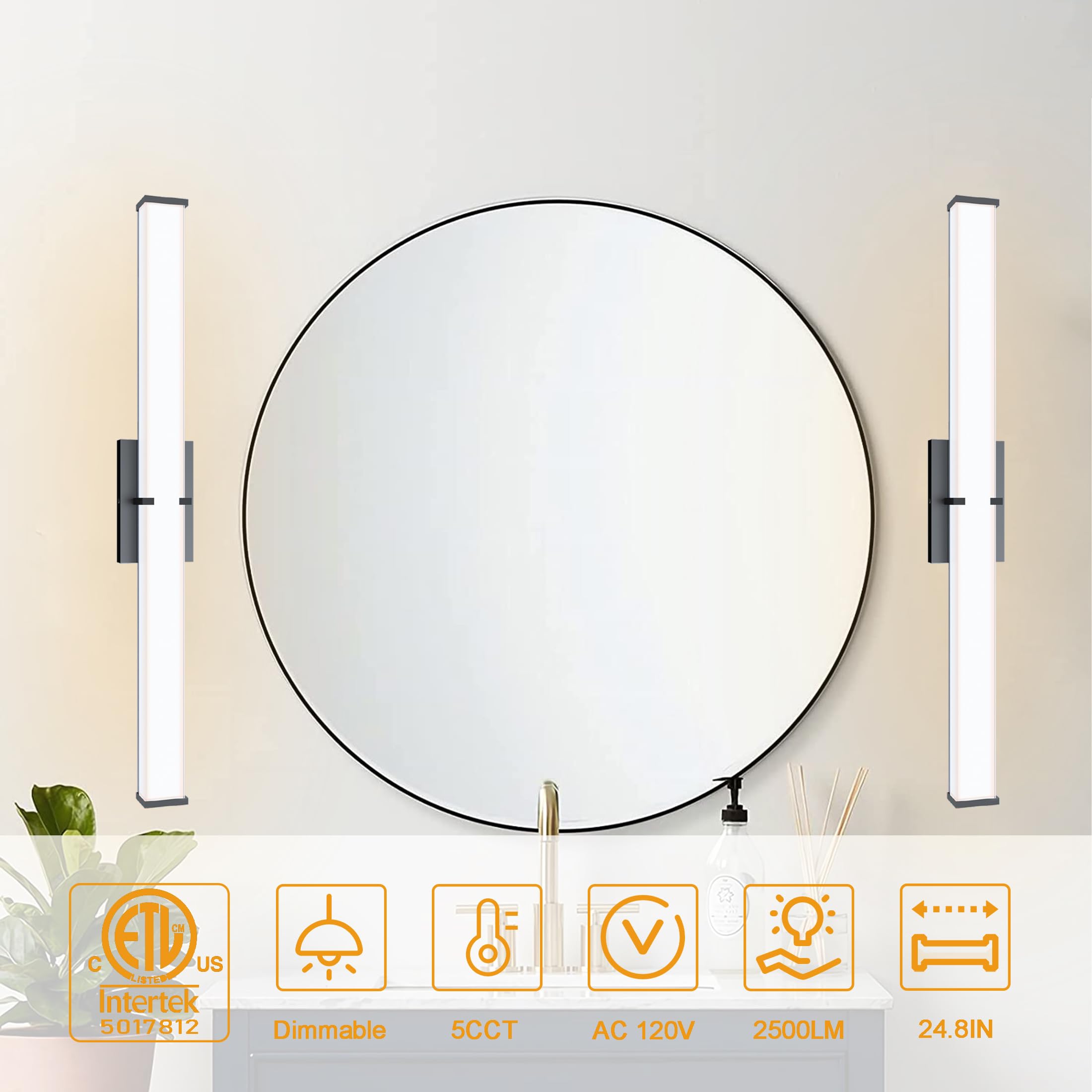 Novelux 24.8Inch 2500Lm Bathroom Light Fixtures 5Cct Optional  Black Modern Led Vanity Lights Clear Shade  Dimmable Bathroom Lighting Fixtures Over Mirror - Etl Listed