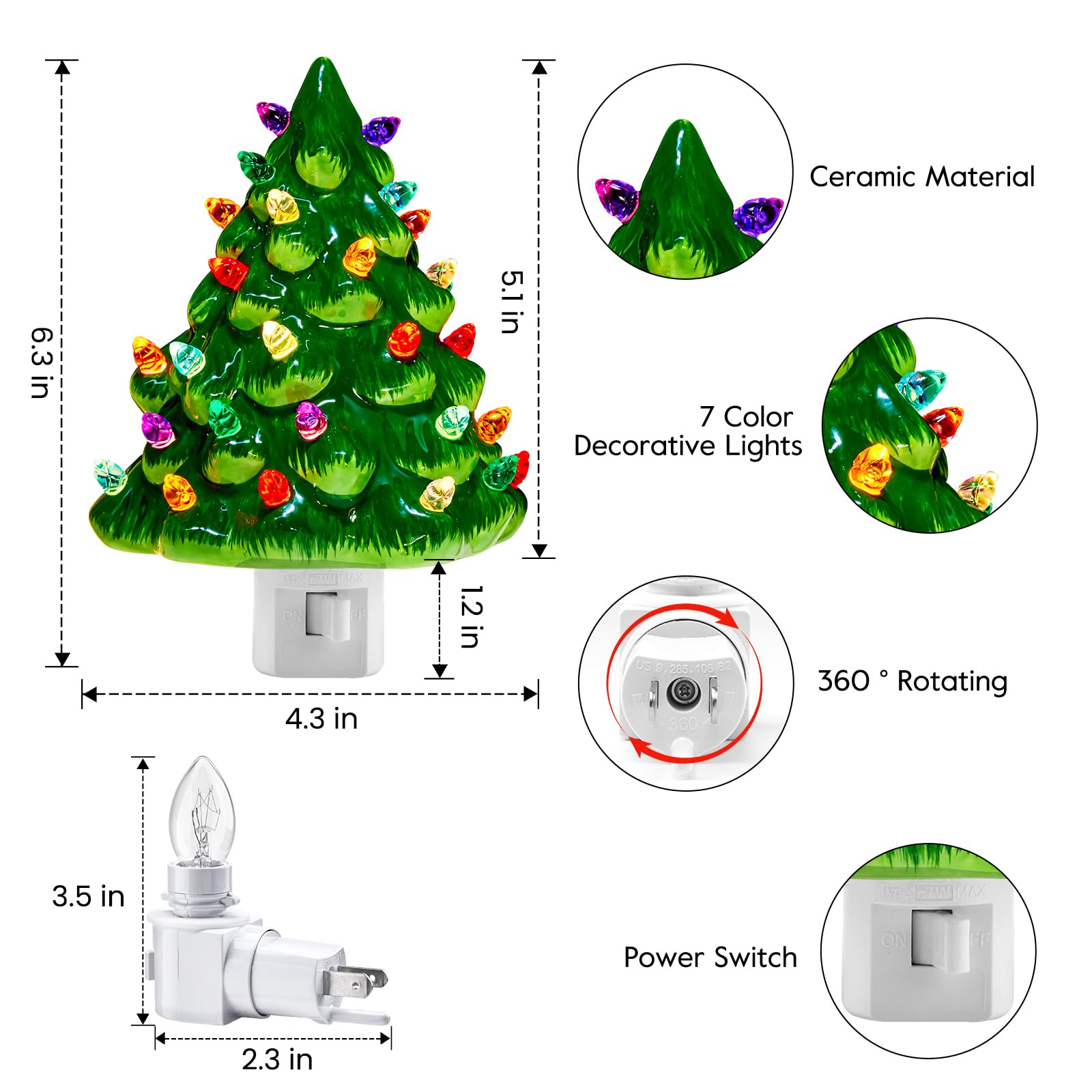 Brightown Ceramic Christmas Tree Night Light - 2 Pack 6 Christmas Decorative Ceramic Tree With On/Off Switch  Vintage Christmas Night Light For Bedroom Bathroom Living Room Porch Holiday Decor