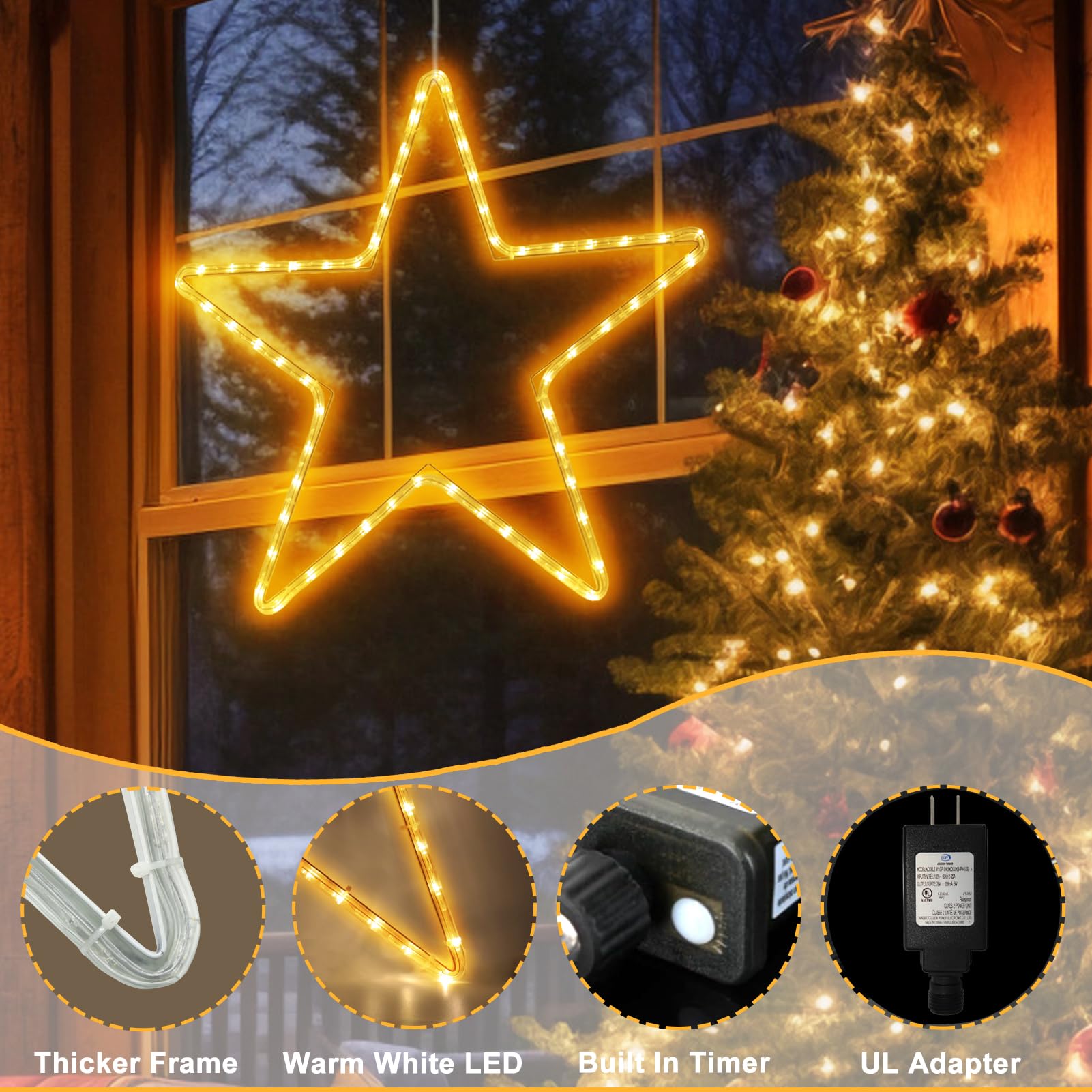 Dbfairy 19.68'' Star Outdoor Christmas Lights, 40 Leds Christmas Light Up Star With Timer, Hanging Big Star Window Lights Mains