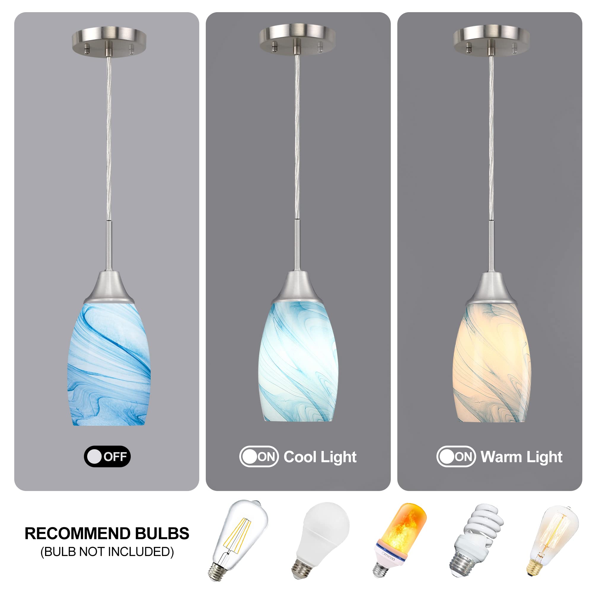 Viinew Blue Glass Pendant Light, Handblown Art Oval 4.72&quot;, 1-Pack For Dining Room & Kitchen