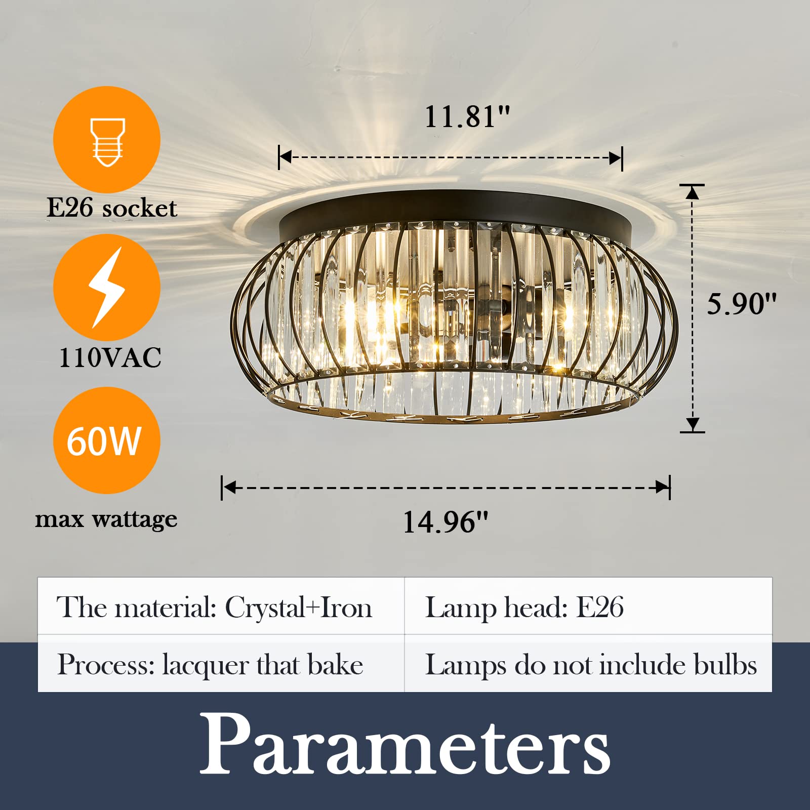 Yyjlx Modern Black Crystal Flush Mount Ceiling Light - 3 Light Chandelier For Indoor Spaces