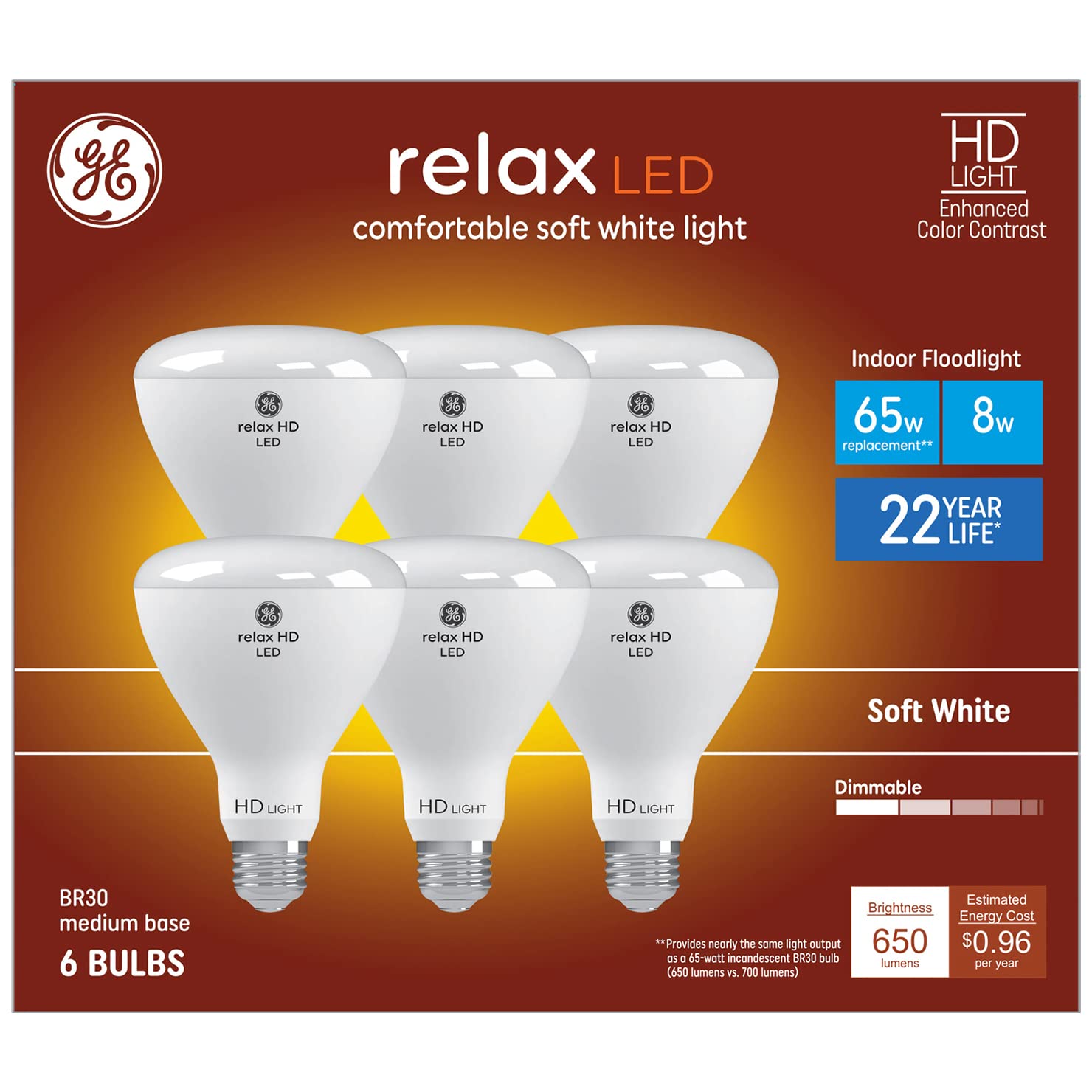 GE 65W Equivalent Dimmable Soft White BR30 LED Light Bulb, 6-Pack, 22-Year Life, Model 93130640
