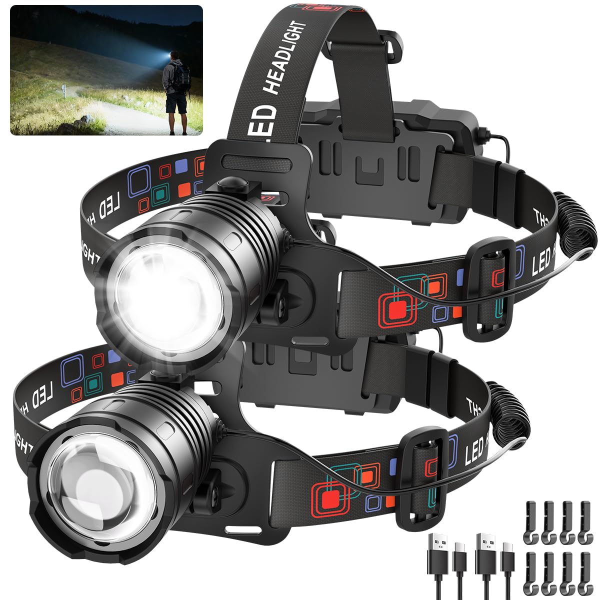Rechargeable Headlamp High Lumen, Super Bright Head Lamp, 90 Rotatable Head Lights for Forehead, Adjustable Focus Headlight Flas