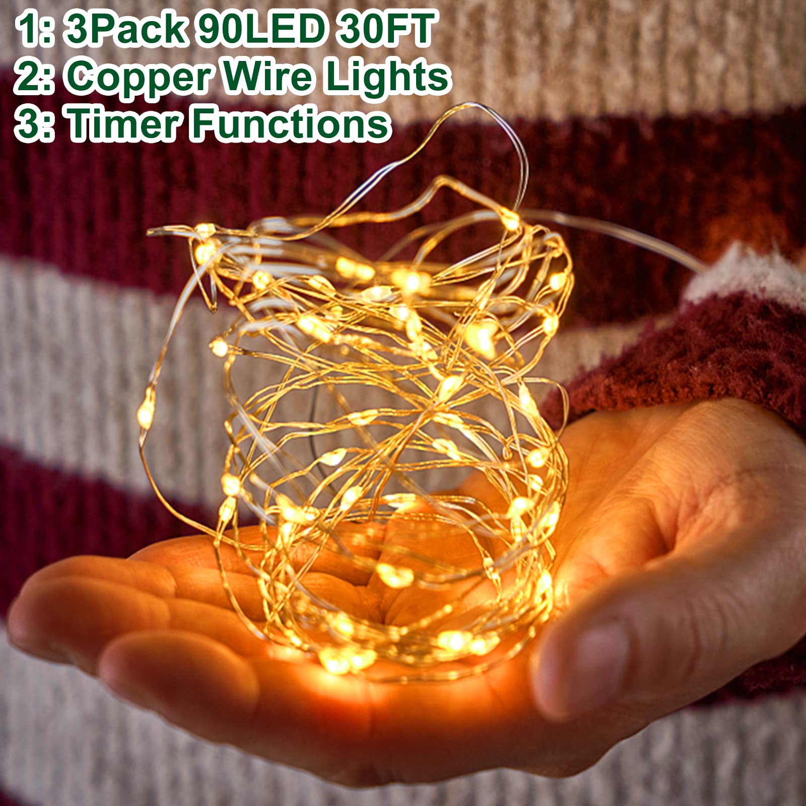 Turnmeon 90 Led Warm White Fairy Lights, 10Ft Battery Powered Copper Wire For Indoor/Outdoor Decor