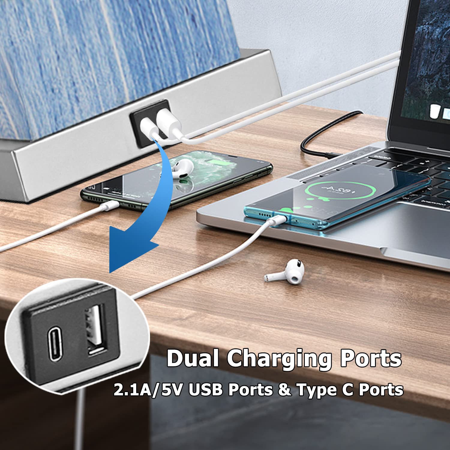 Momyofdy 24&quot; Blue Touch Control Table Lamps Set Of 2 With Usb Ports, Dimmable White Shade